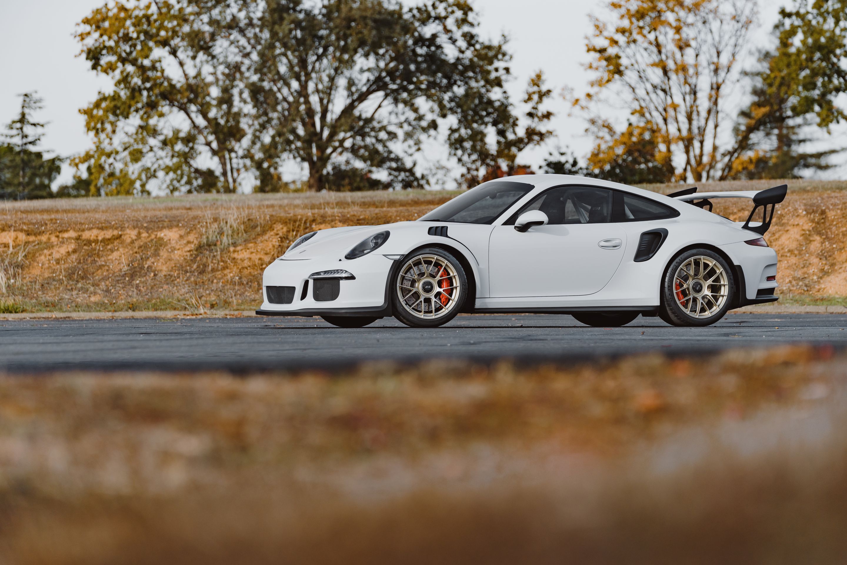 White Porsche 911 991.1 GT3 RS with 19" EC-7RS Apex wheels in Motorsport Gold