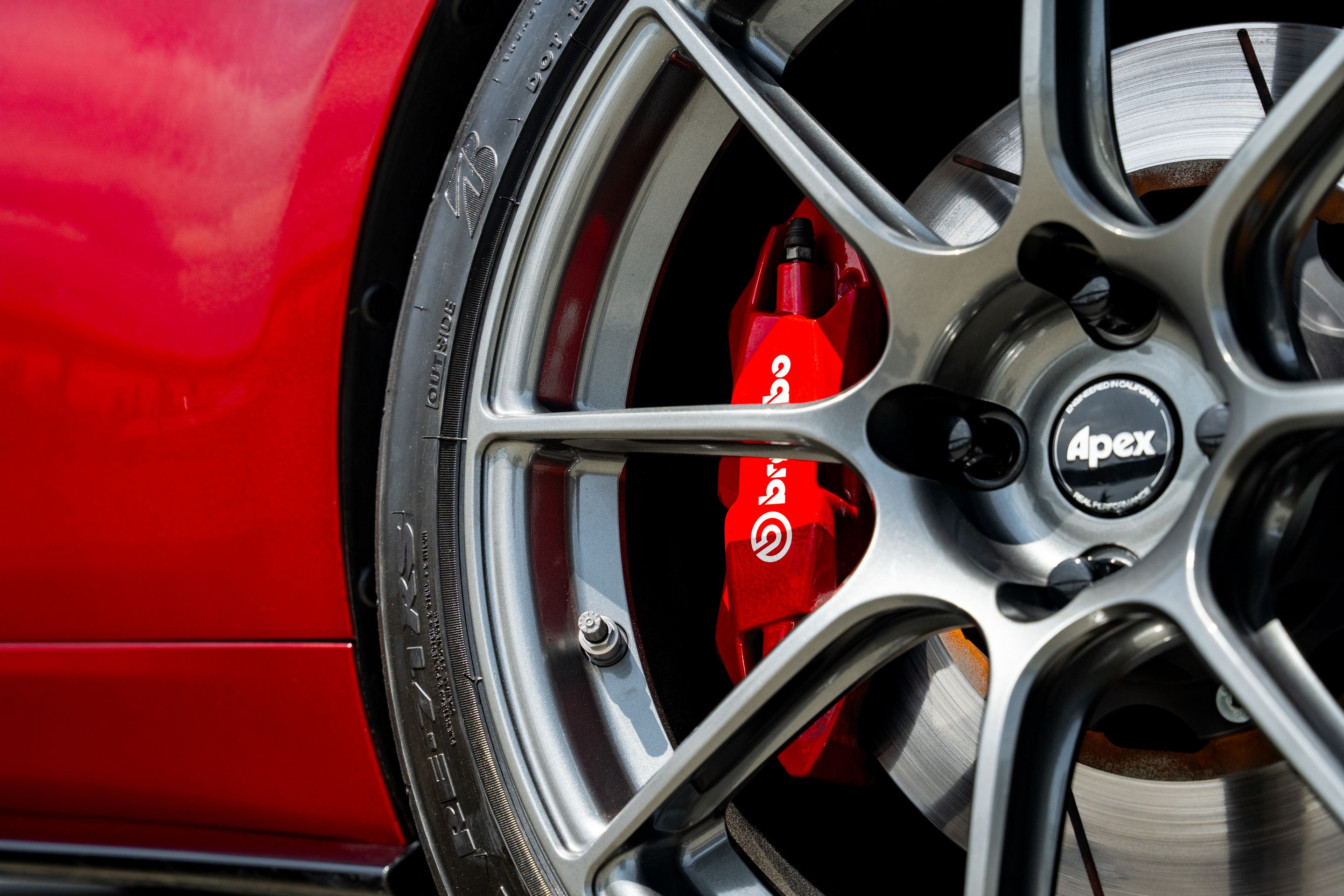 Red Mazda ND MX-5 Miata with 17" SM-8RS Apex wheels in Anthracite