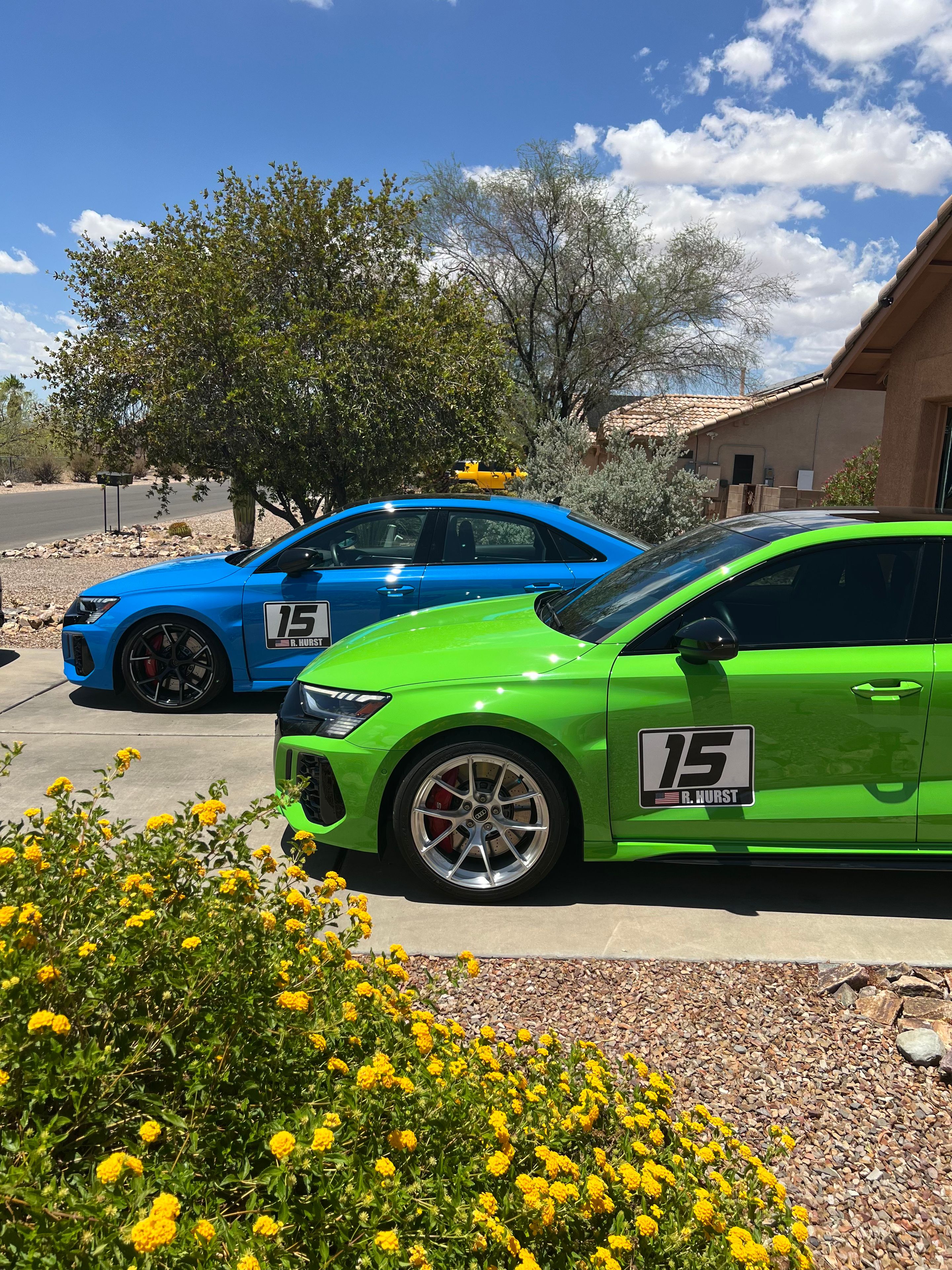 Green Audi 8Y RS 3 with 18" VS-5RS Apex wheels in Brushed Clear