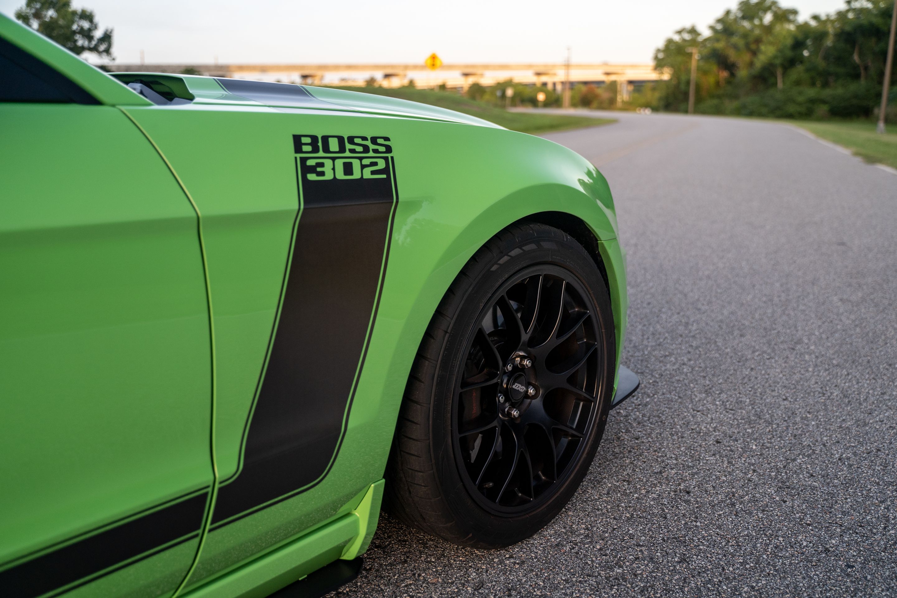 Green Ford S197 Mustang Boss 302 with 19" EC-7 Apex wheels in Satin Black