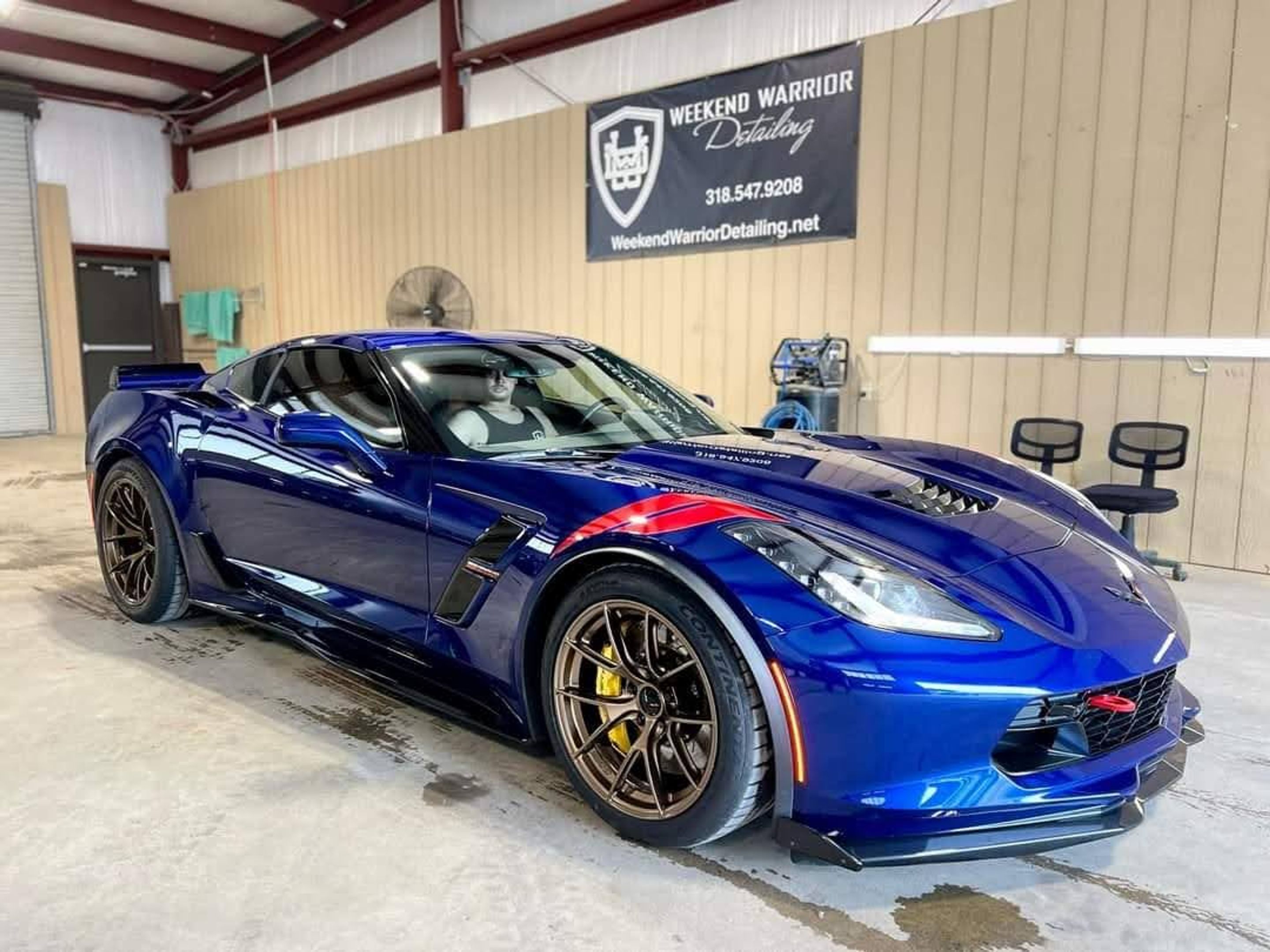Blue Chevrolet C7 Corvette Grand Sport with 18"/19" VS-5RS Apex wheels in Satin Bronze