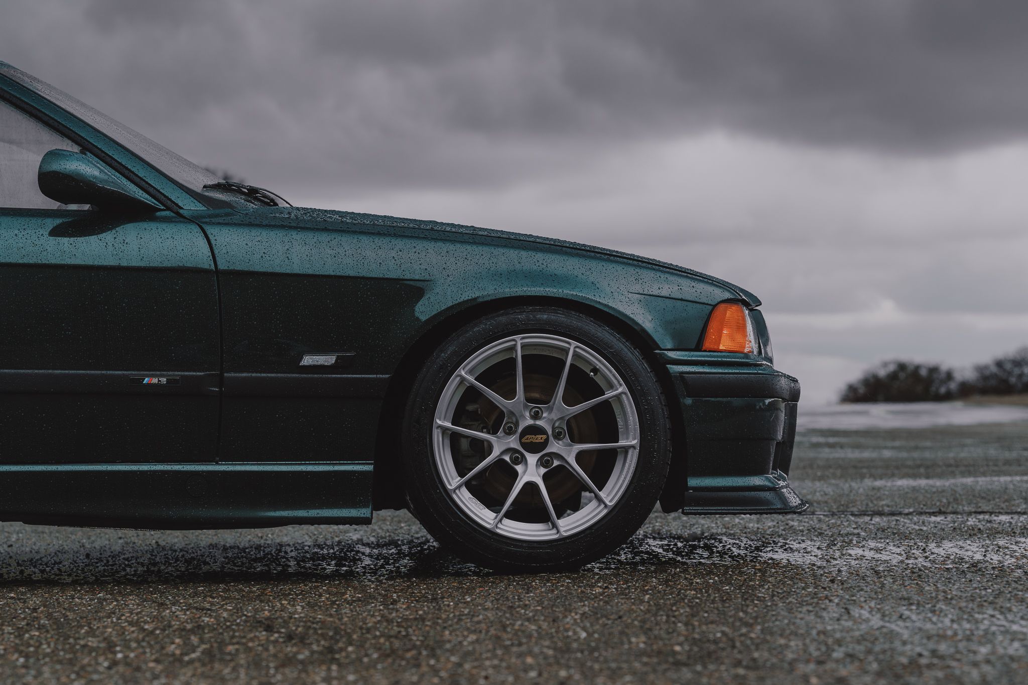 Green BMW E36 M3 with 17" VS-5RS Apex wheels in Brushed Clear