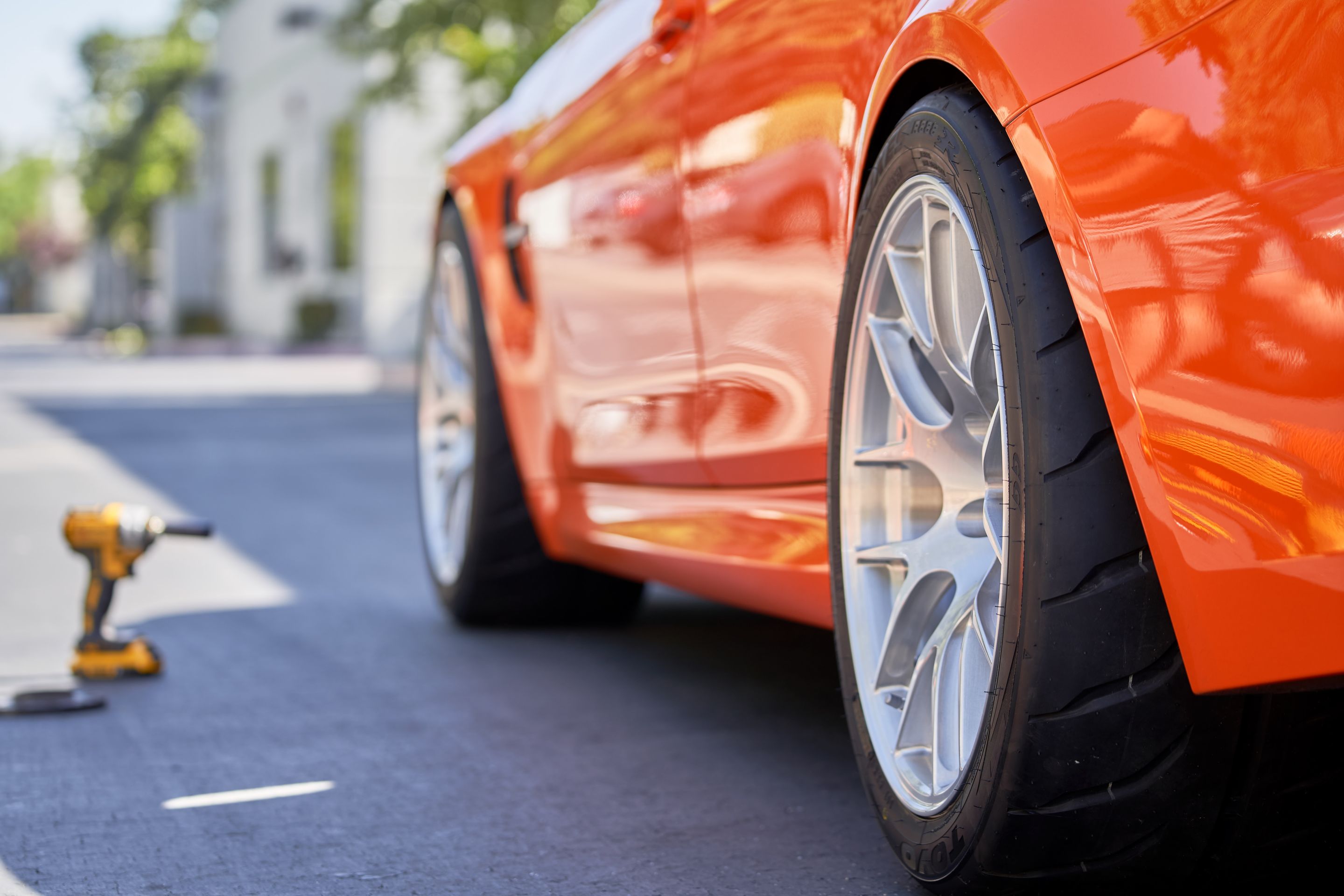 Orange BMW F80 M3 with 18" EC-7R Apex wheels in Brushed Clear