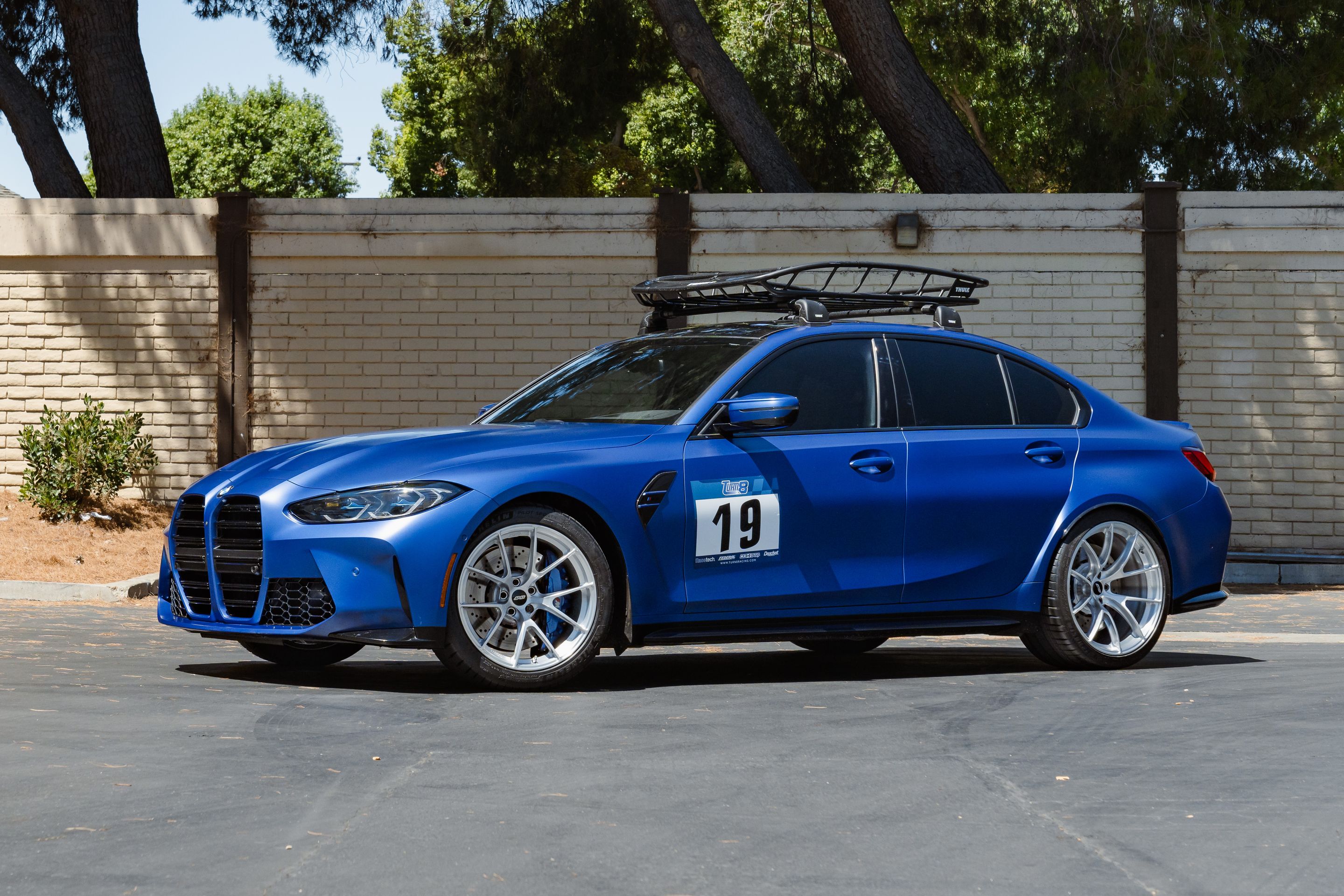 Blue BMW G80 M3 with 19"/20" VS-5RS Apex wheels in Brushed Clear
