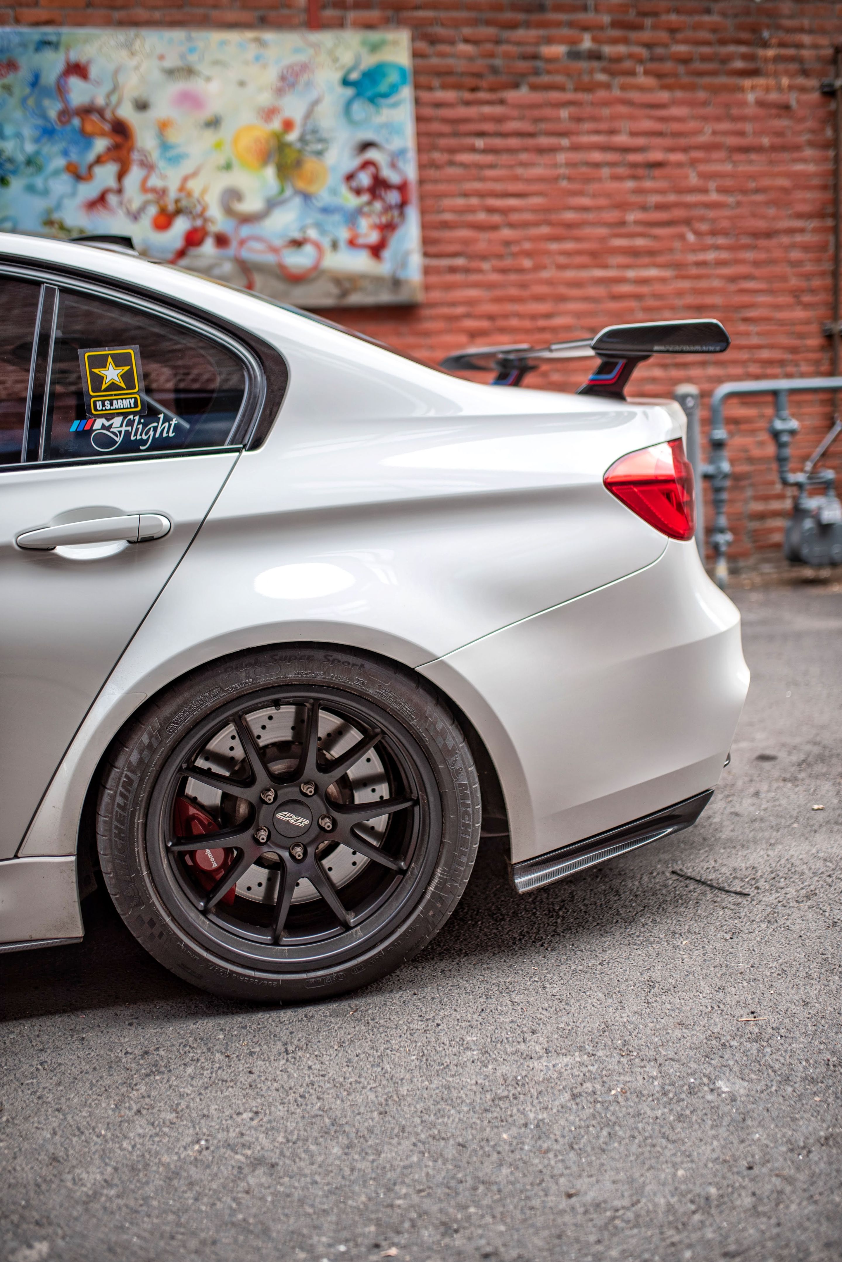 White BMW F80 M3 with 18" FL-5 Apex wheels in Satin Black