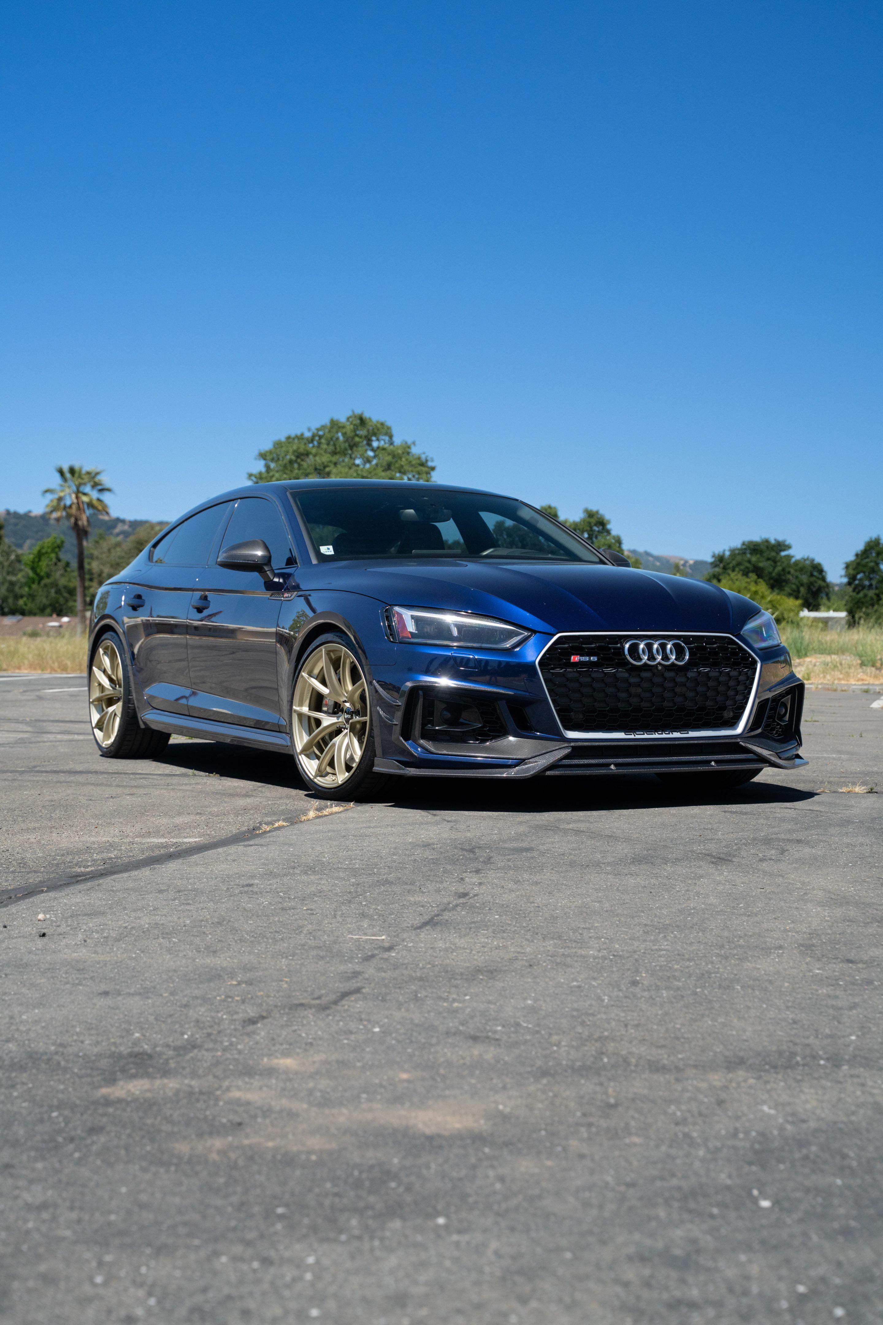 Blue Audi B9 RS 5 Sportback with 20" VS-5RS Apex wheels in Motorsport Gold