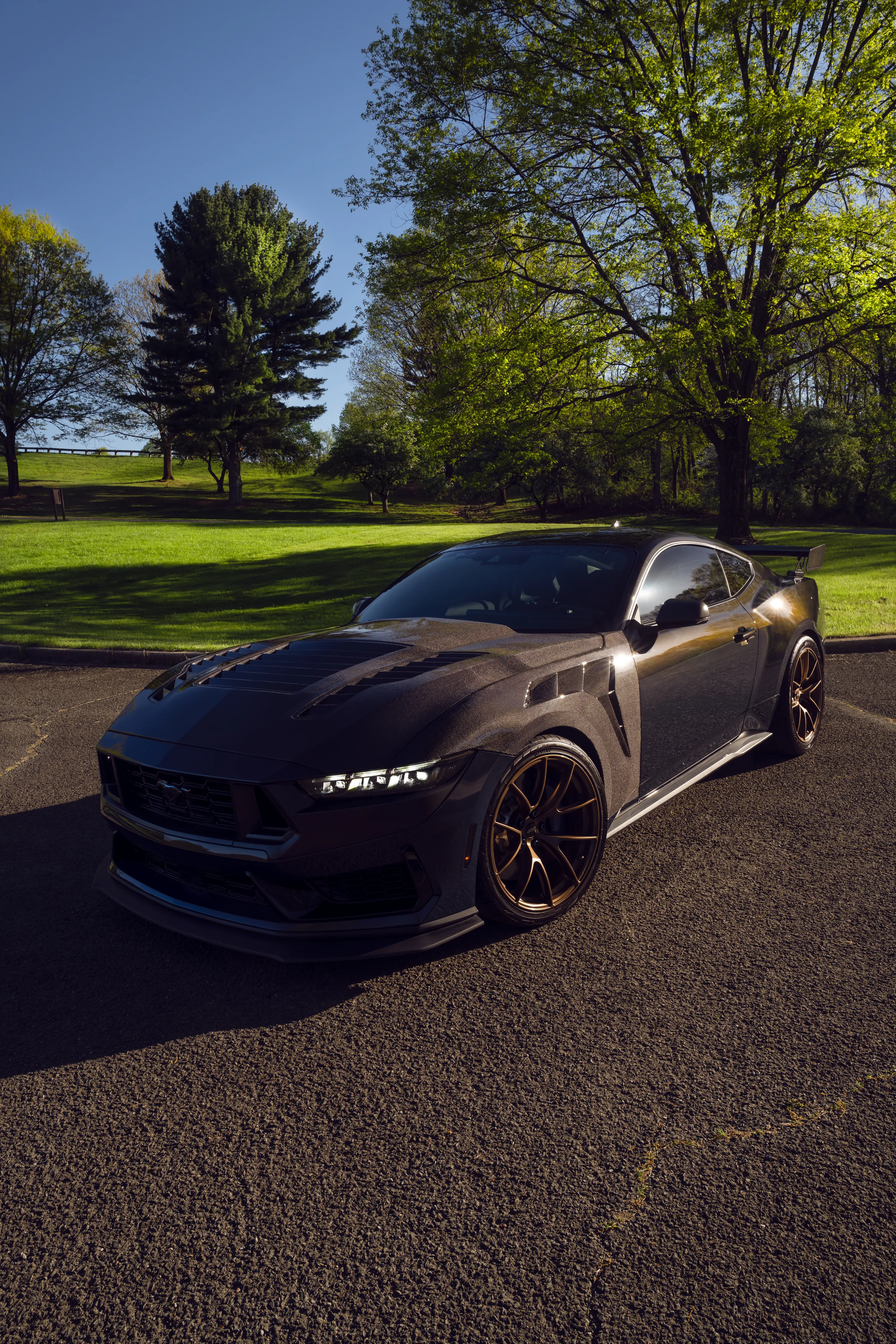 Orange Ford S650 Mustang Dark Horse with 20" VS-5RS Apex wheels in Satin Bronze