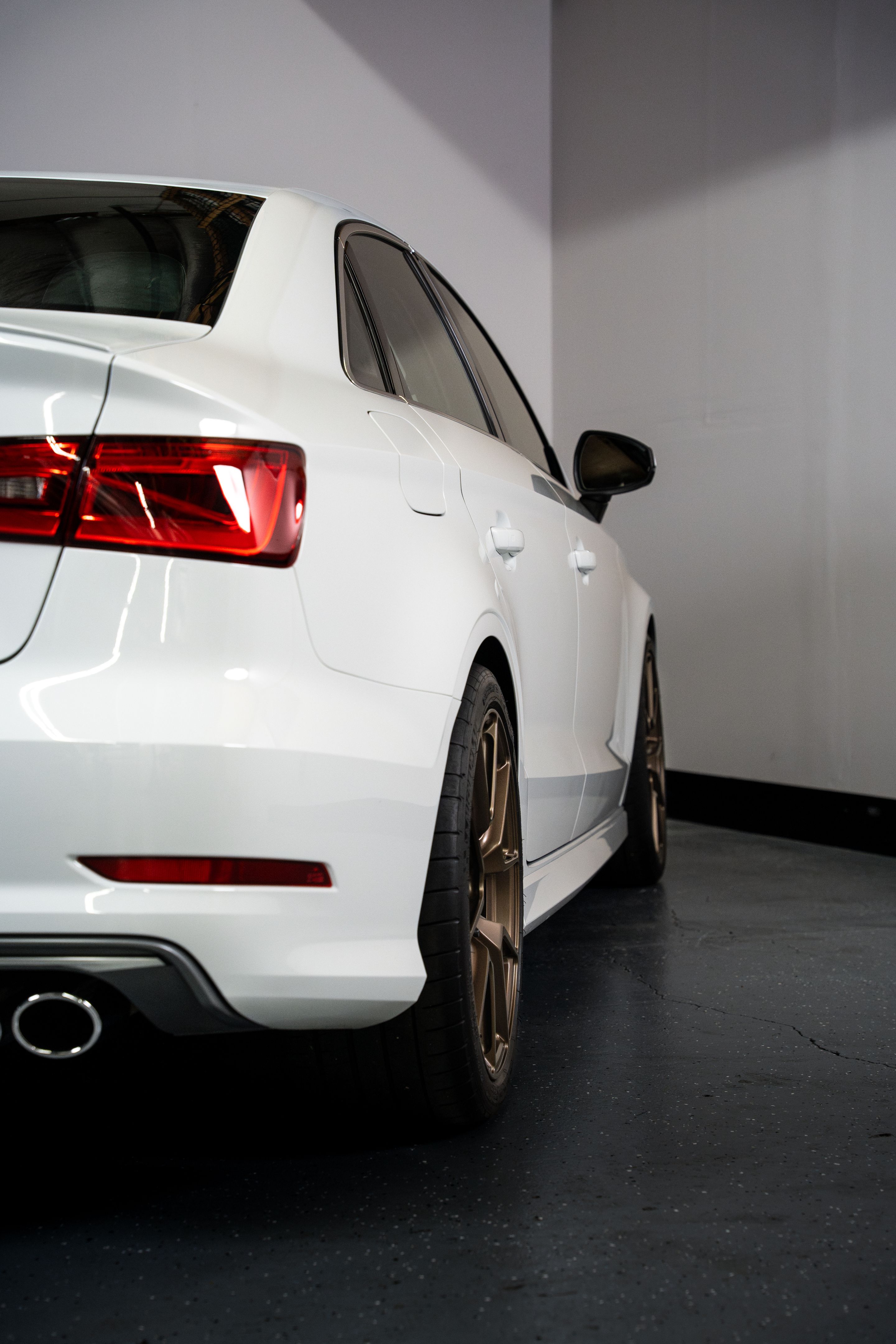 White Audi 8V S3 with 18" VS-5 Apex wheels in Satin Bronze