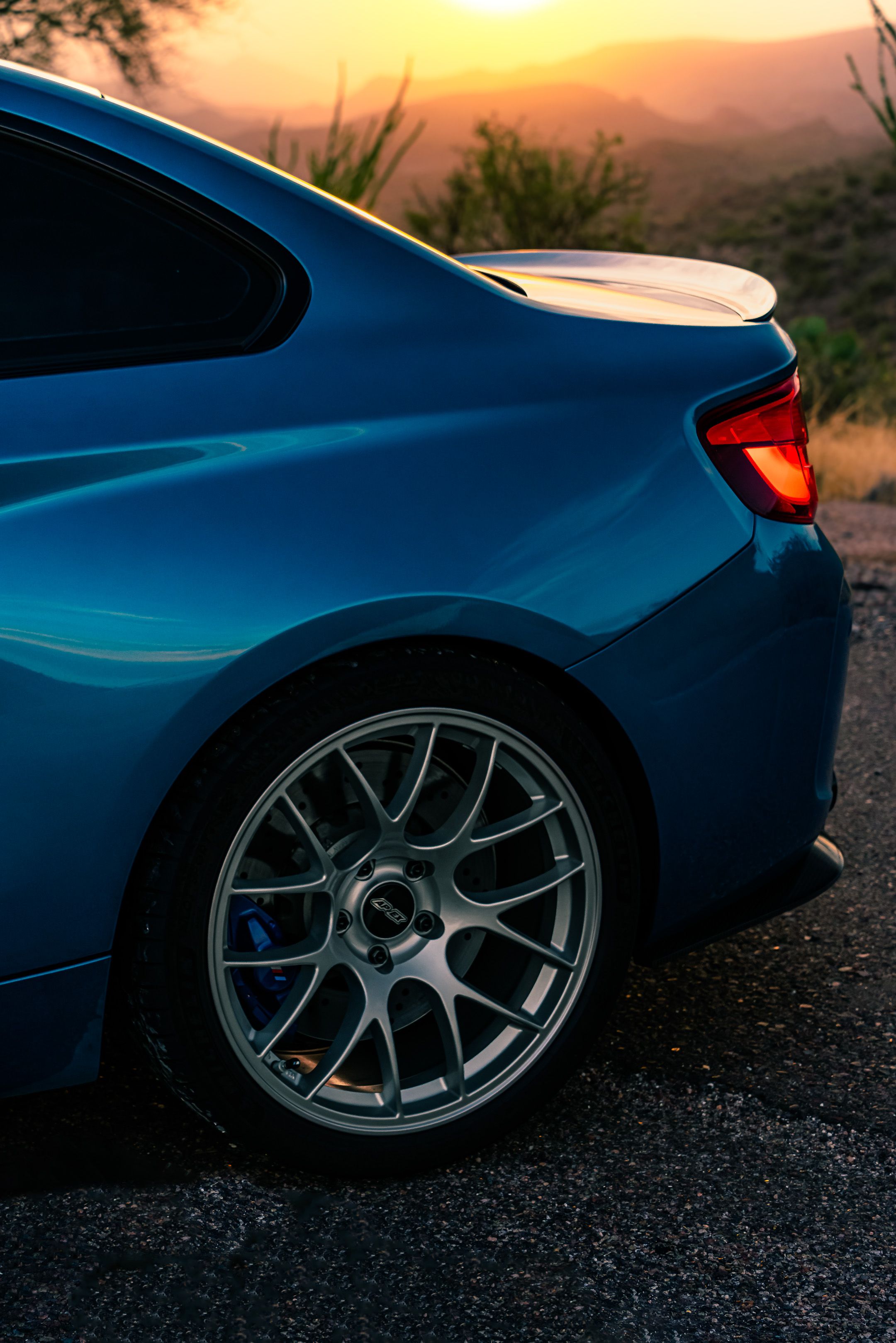 Blue BMW F87 M2 with 19" EC-7 Apex wheels in Race Silver