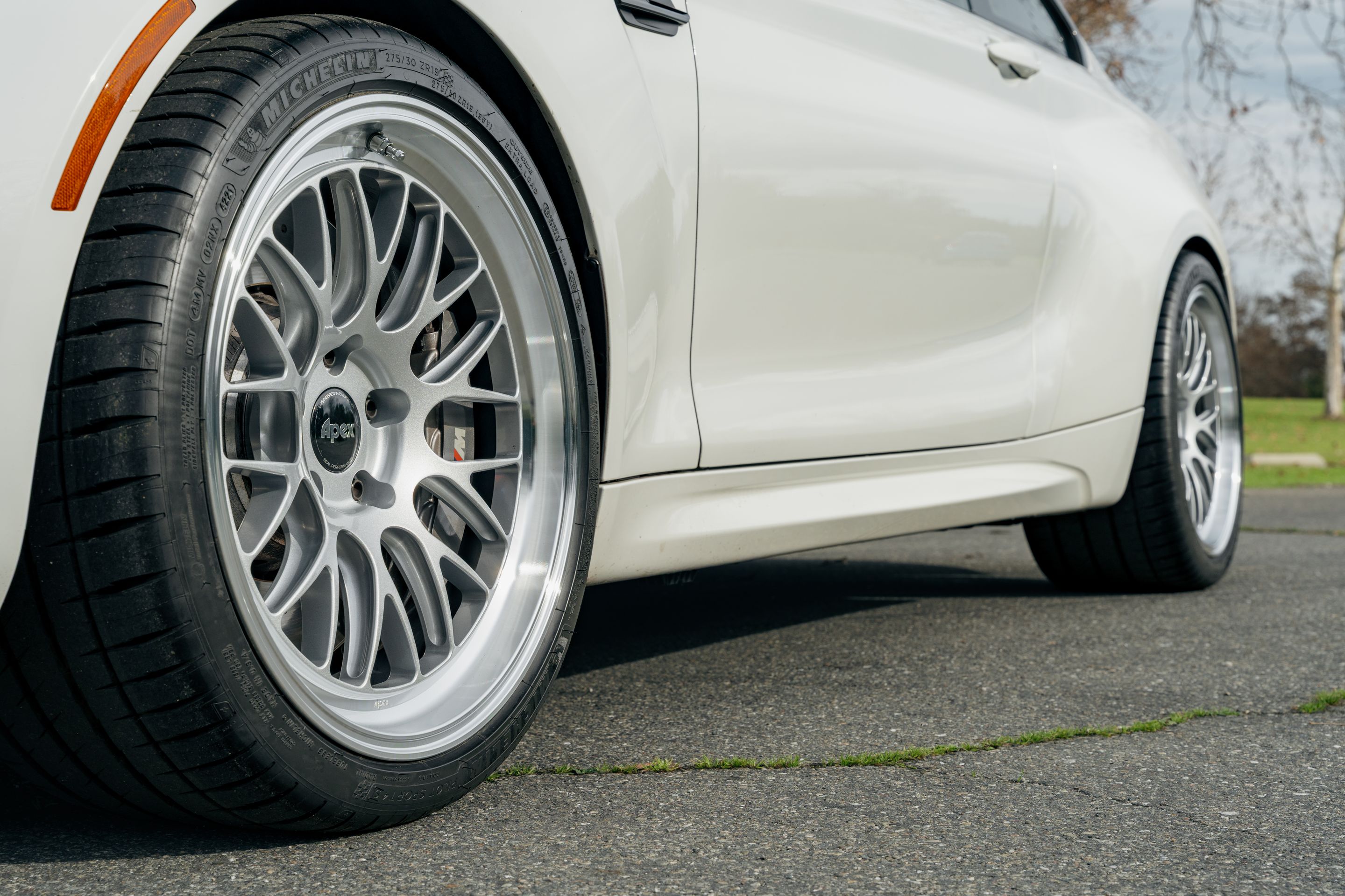 White BMW F87 M2 with 19" ML-10RT Apex wheels in Machined Lip Race Silver