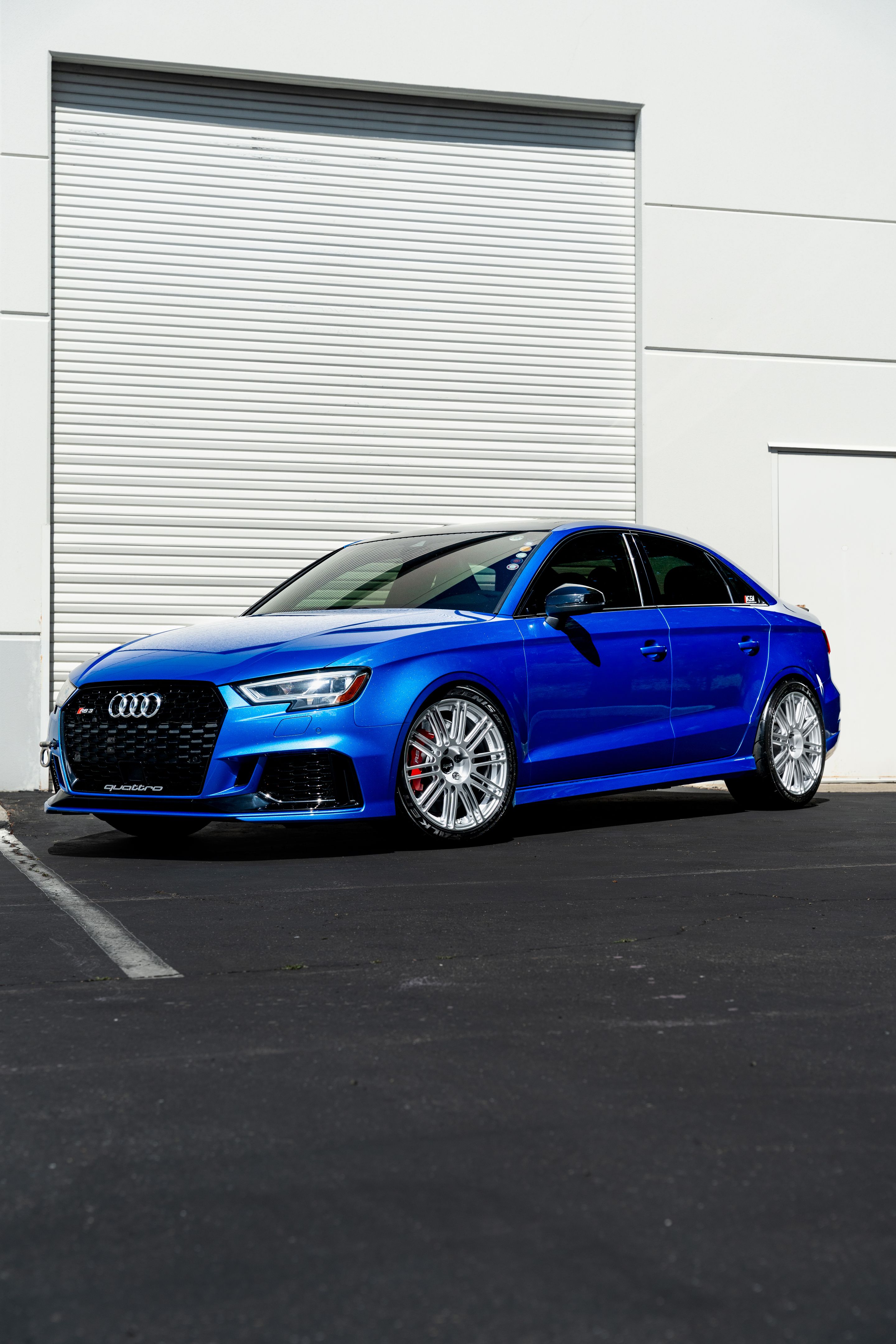 Blue Audi 8V RS 3 with 18" TC-10RT Apex wheels in Race Silver