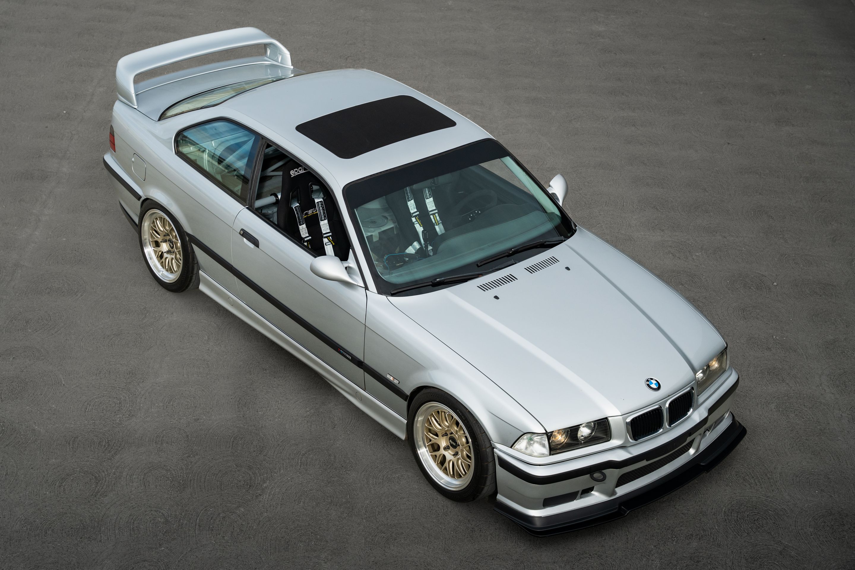 Silver BMW E36 3 Series with 17" ML-10RT Apex wheels in Machined Lip Gloss Motorsport Gold