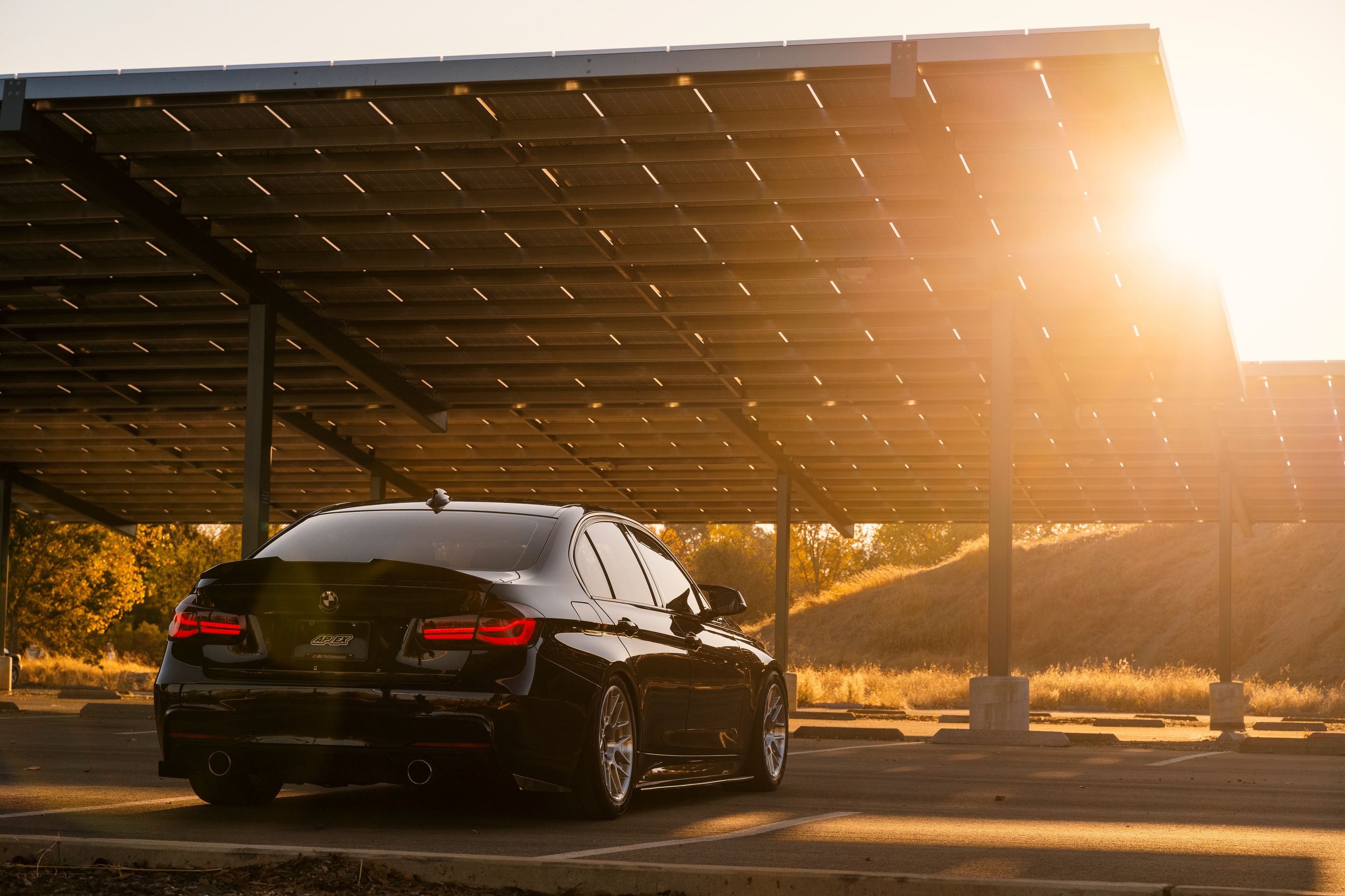 Black BMW F30 Sedan 3 Series with 17" ARC-8R Apex wheels in Brushed Clear