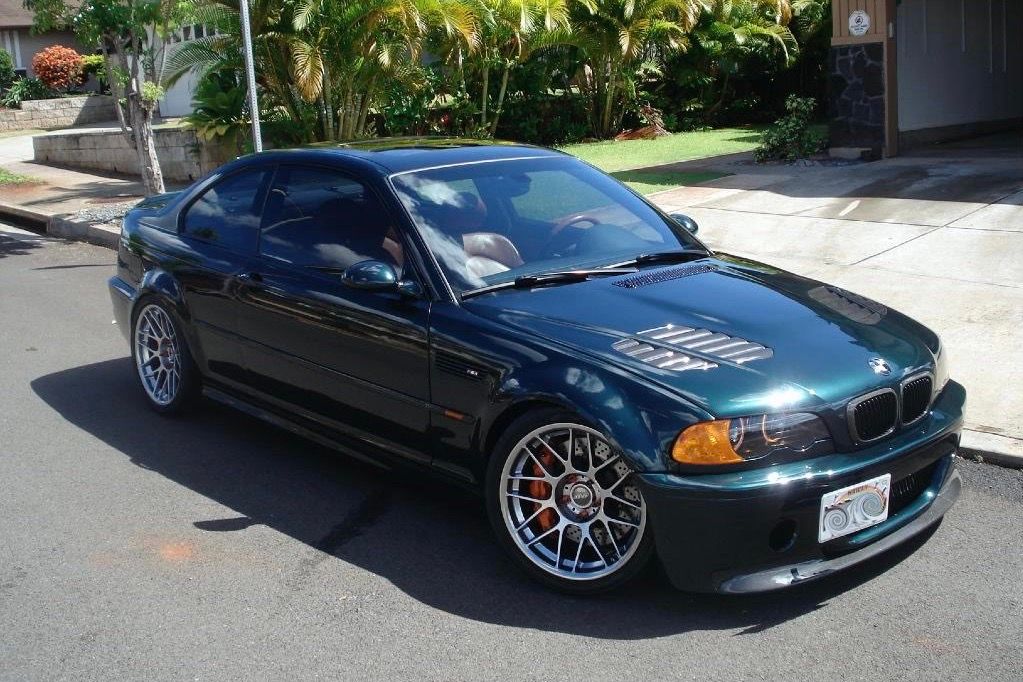 Green BMW E46 M3 with 18" ARC-8 Apex wheels in Hyper Black