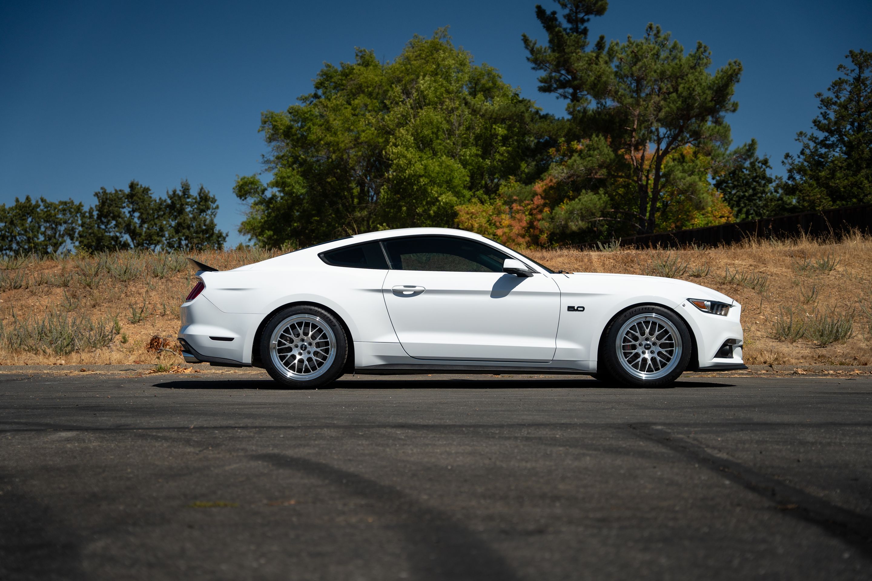 White Ford S550 Mustang GT with 19" ML-10RT Apex wheels in Machined Lip Brushed Clear