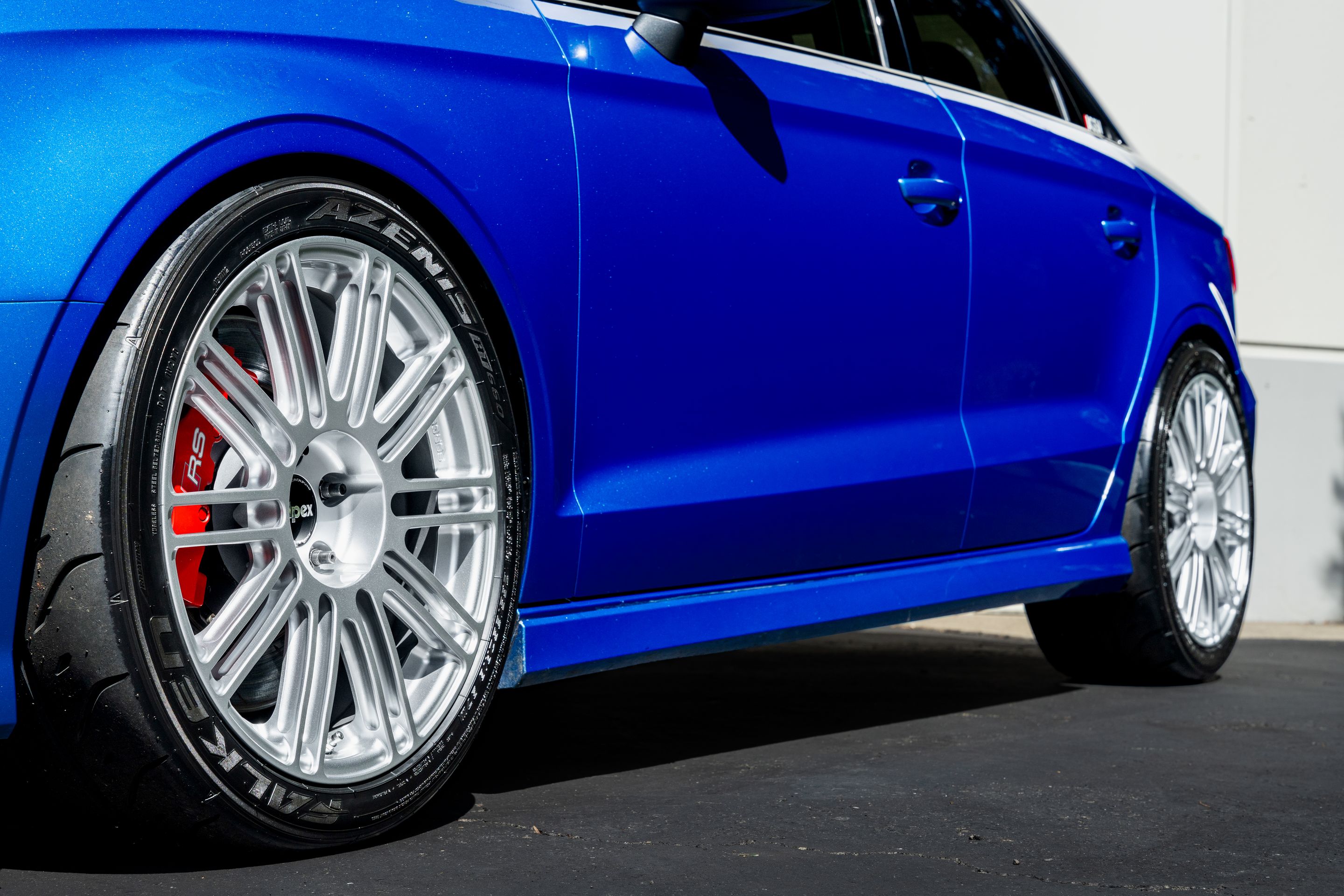 Blue Audi 8V RS 3 with 18" TC-10RT Apex wheels in Race Silver