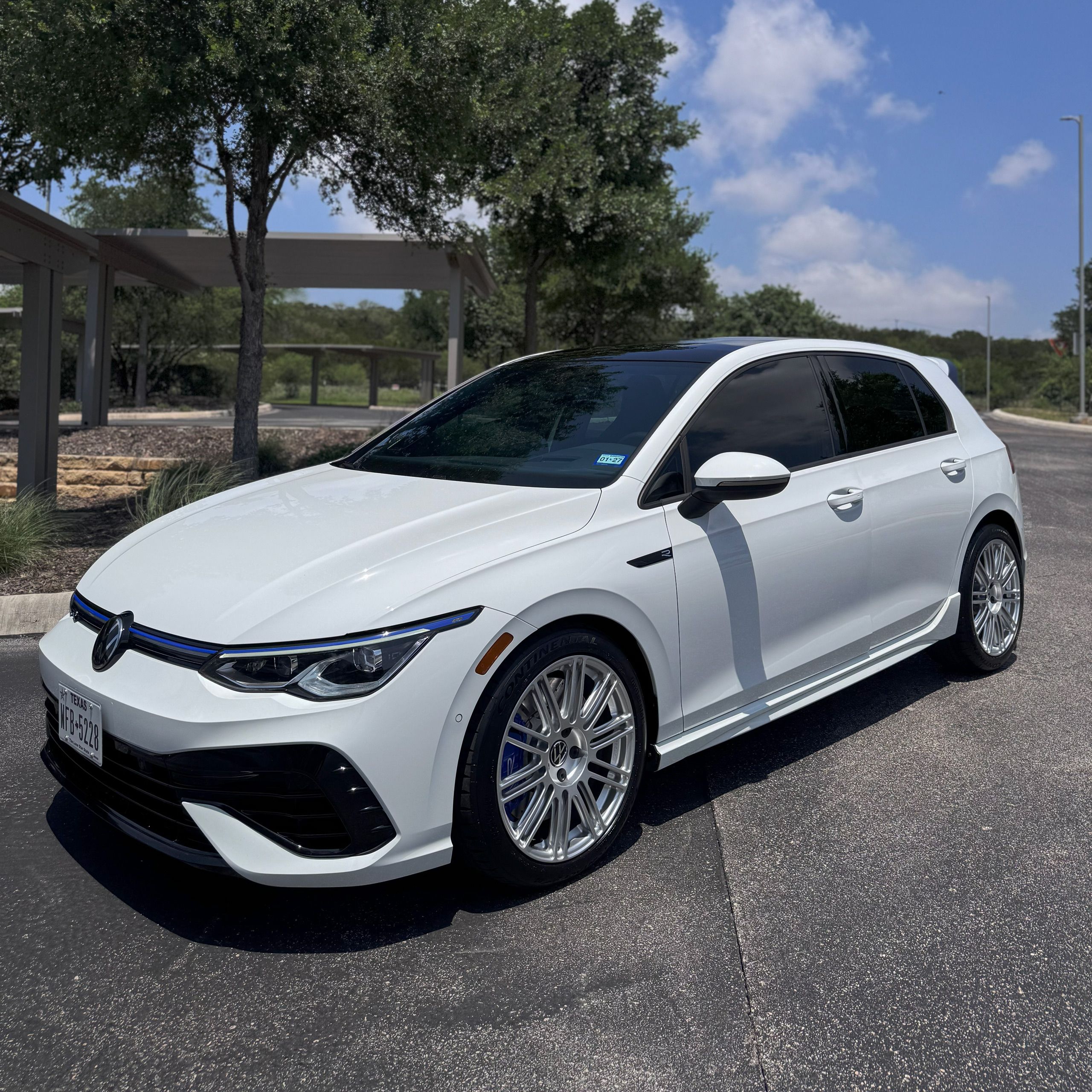 White VW MK8 Golf R with 18" TC-10RT Apex wheels in Race Silver