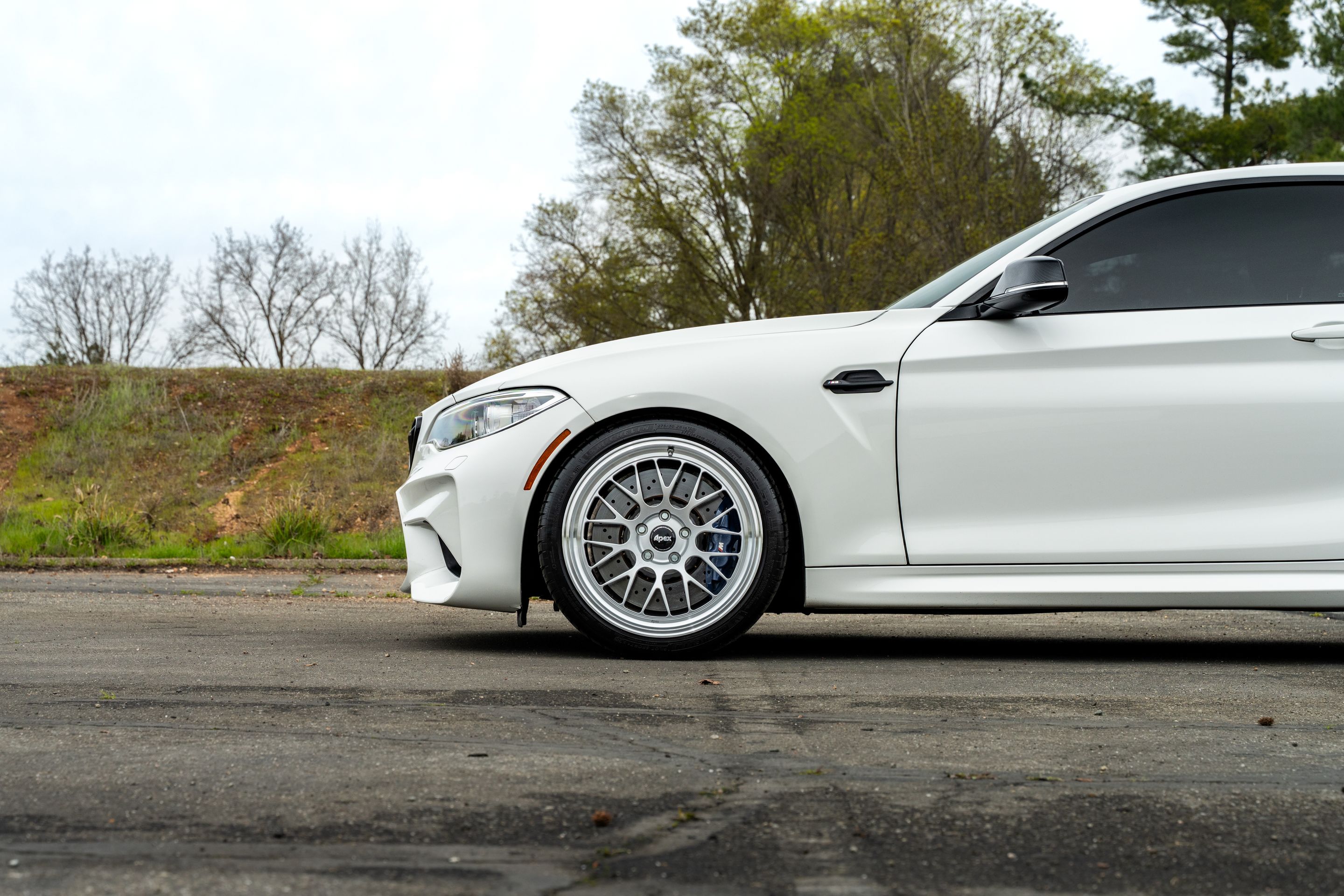 White BMW F87 M2 with 19" ML-10RT Apex wheels in Machined Lip Race Silver