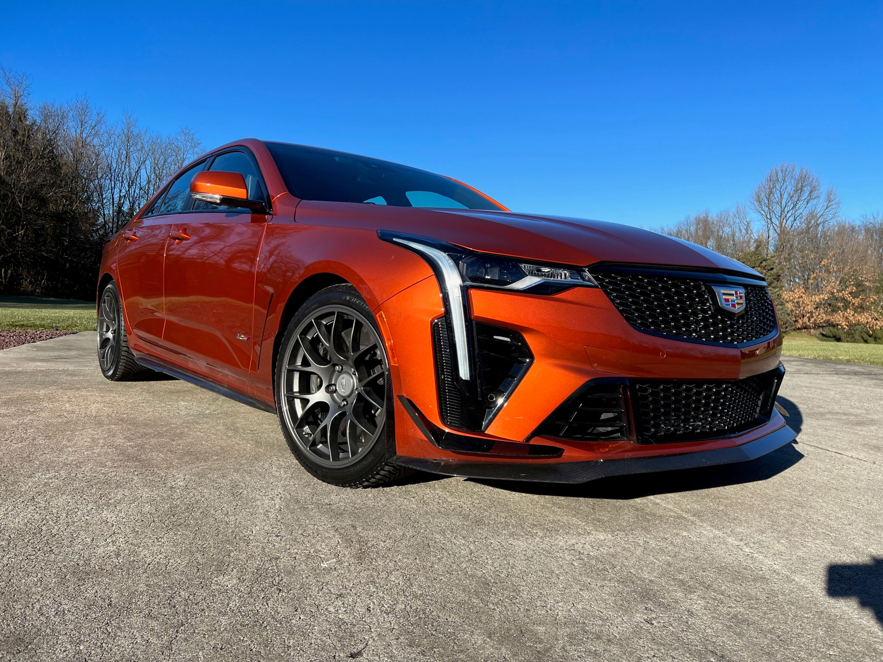 Orange Cadillac CT4-V Blackwing with 18" EC-7 Apex wheels in Anthracite