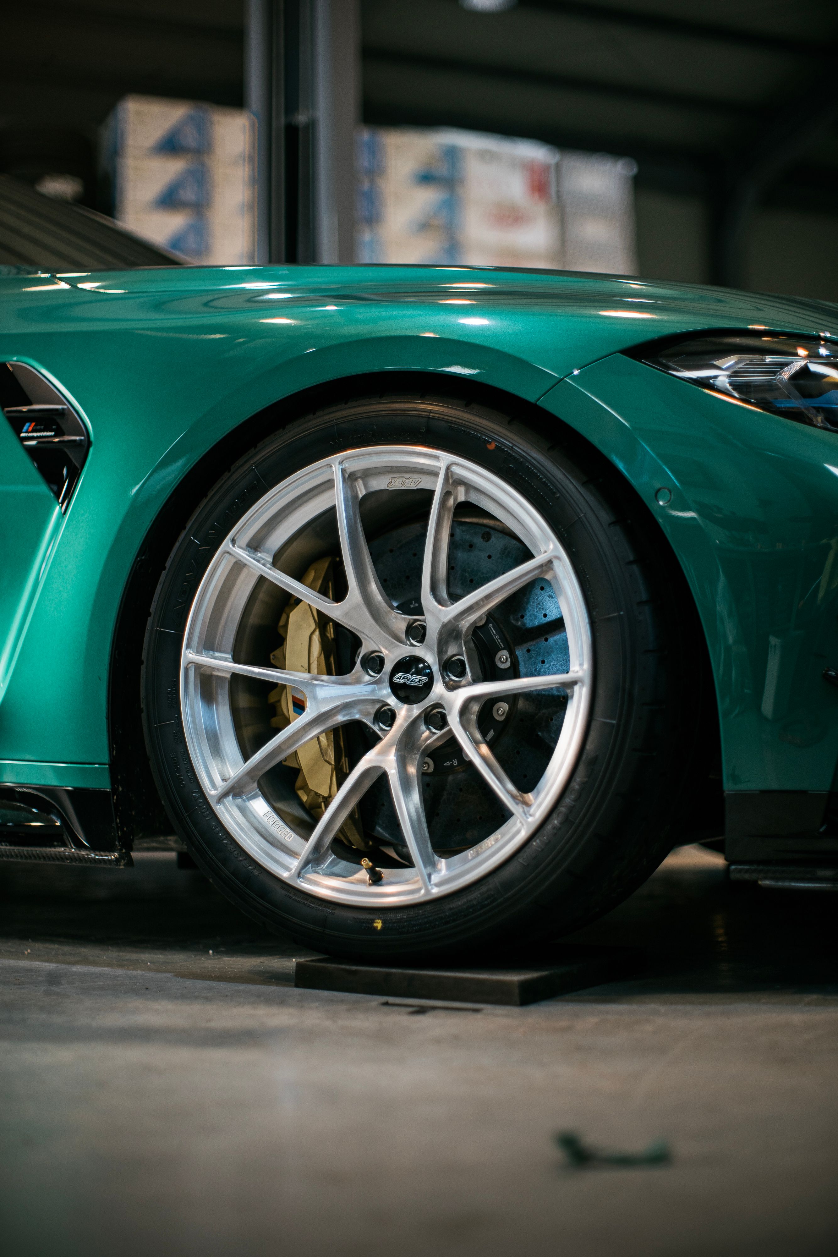Green BMW G80 M3 with 19" VS-5RS Apex wheels in Brushed Clear