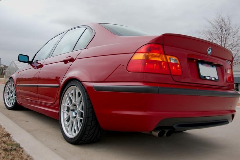 Red BMW E46 3 Series with 18" ARC-8 Apex wheels in Hyper Silver