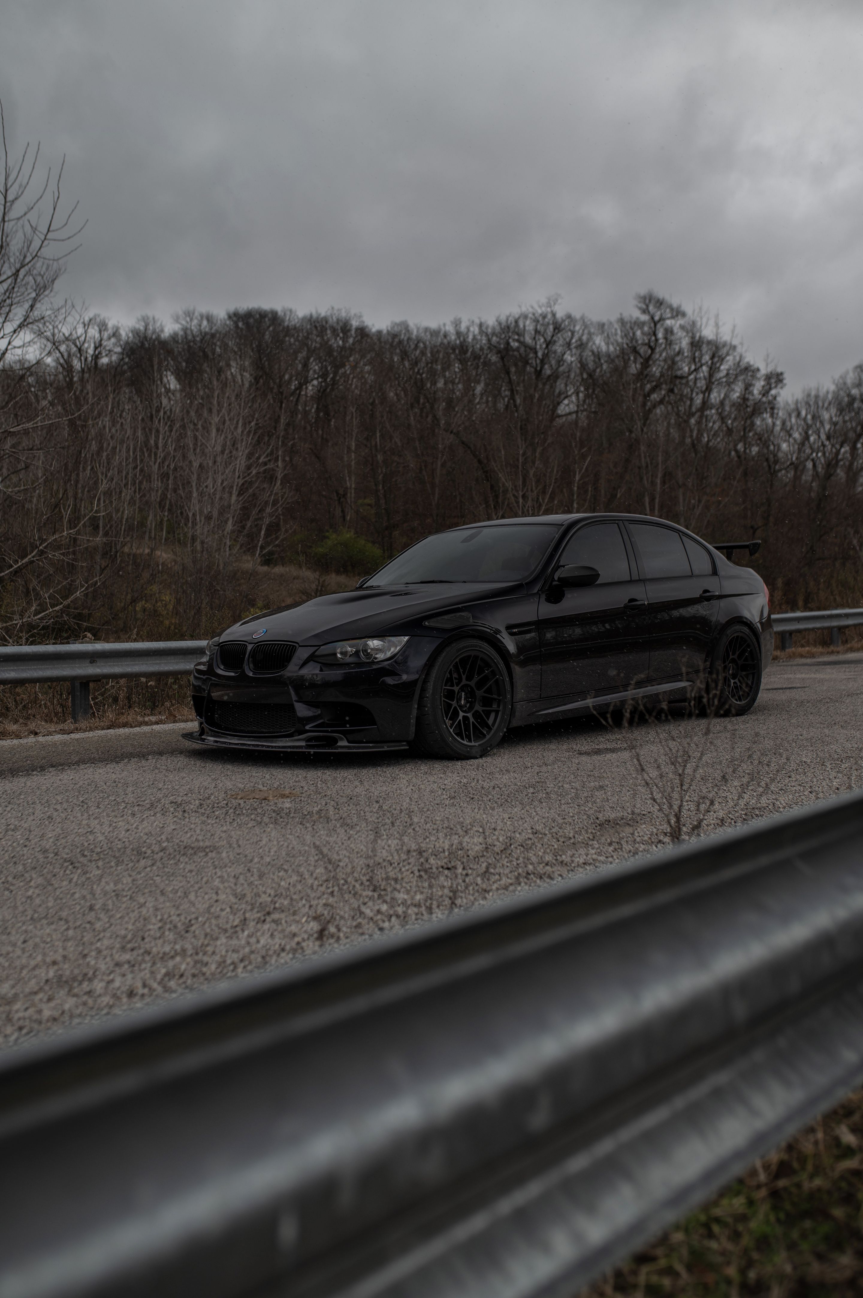 Black BMW E90 Sedan M3 with 18" ARC-8 Apex wheels in Satin Black