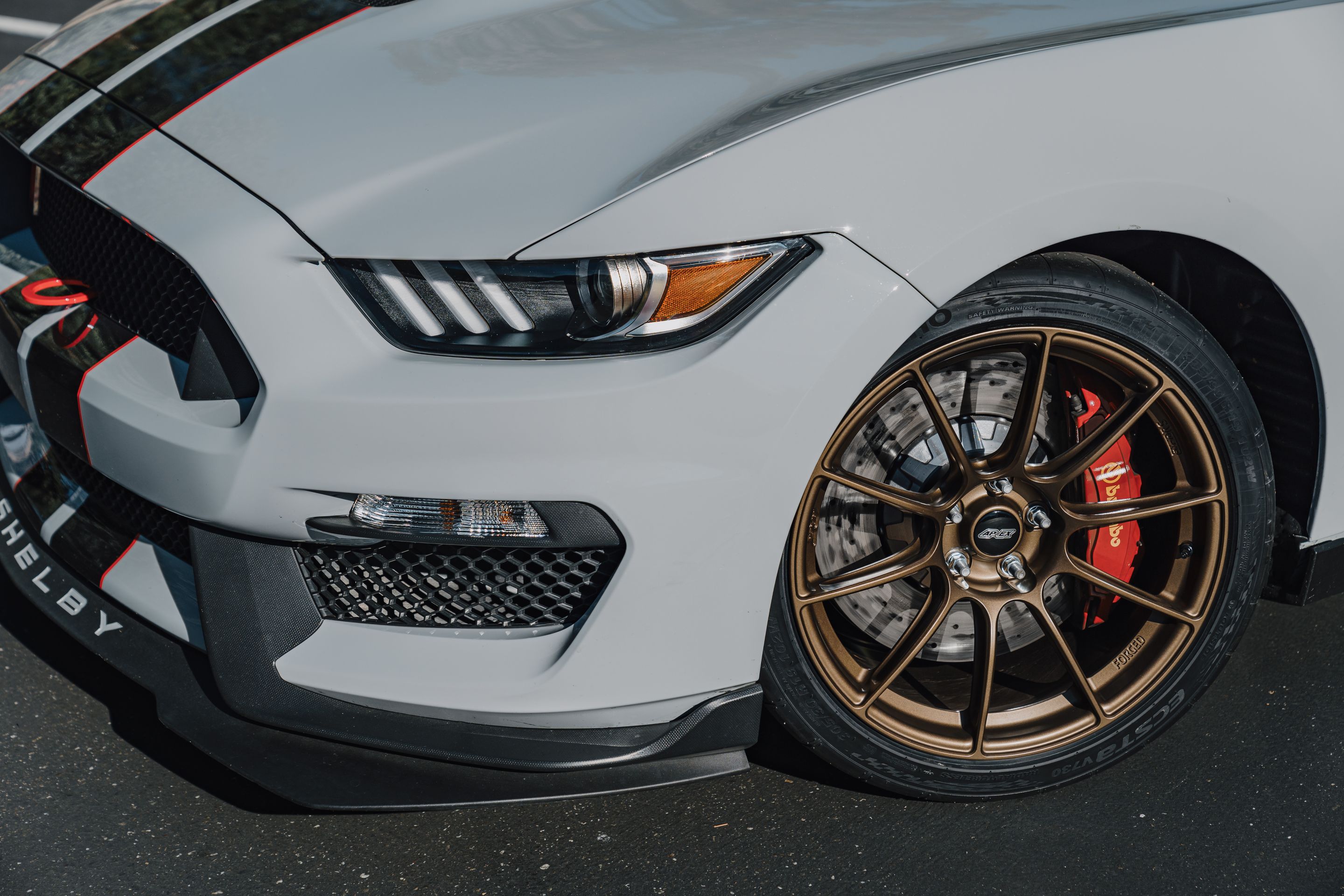 Grey Ford S550 Mustang GT350R with 19" SM-10RS Apex wheels in Satin Bronze