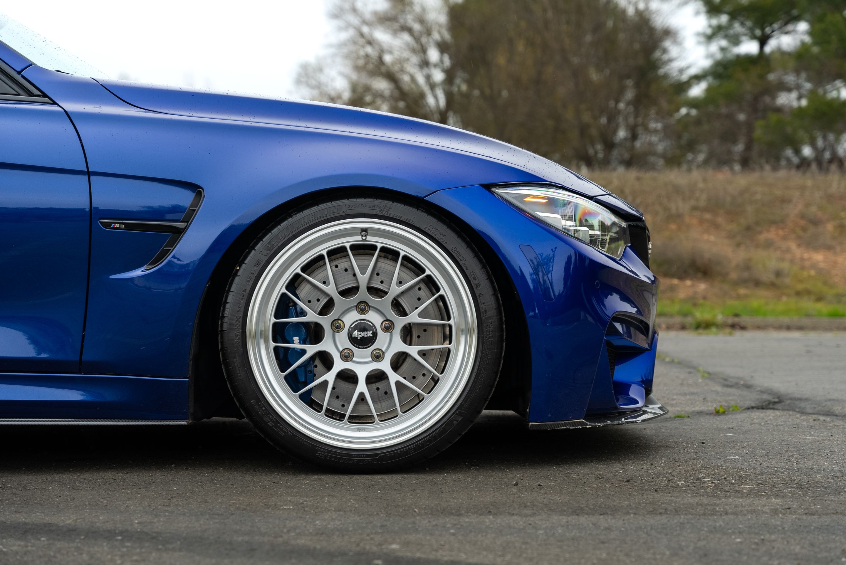 Blue BMW F80 M3 with 19" ML-10RT Apex wheels in Machined Lip Race Silver