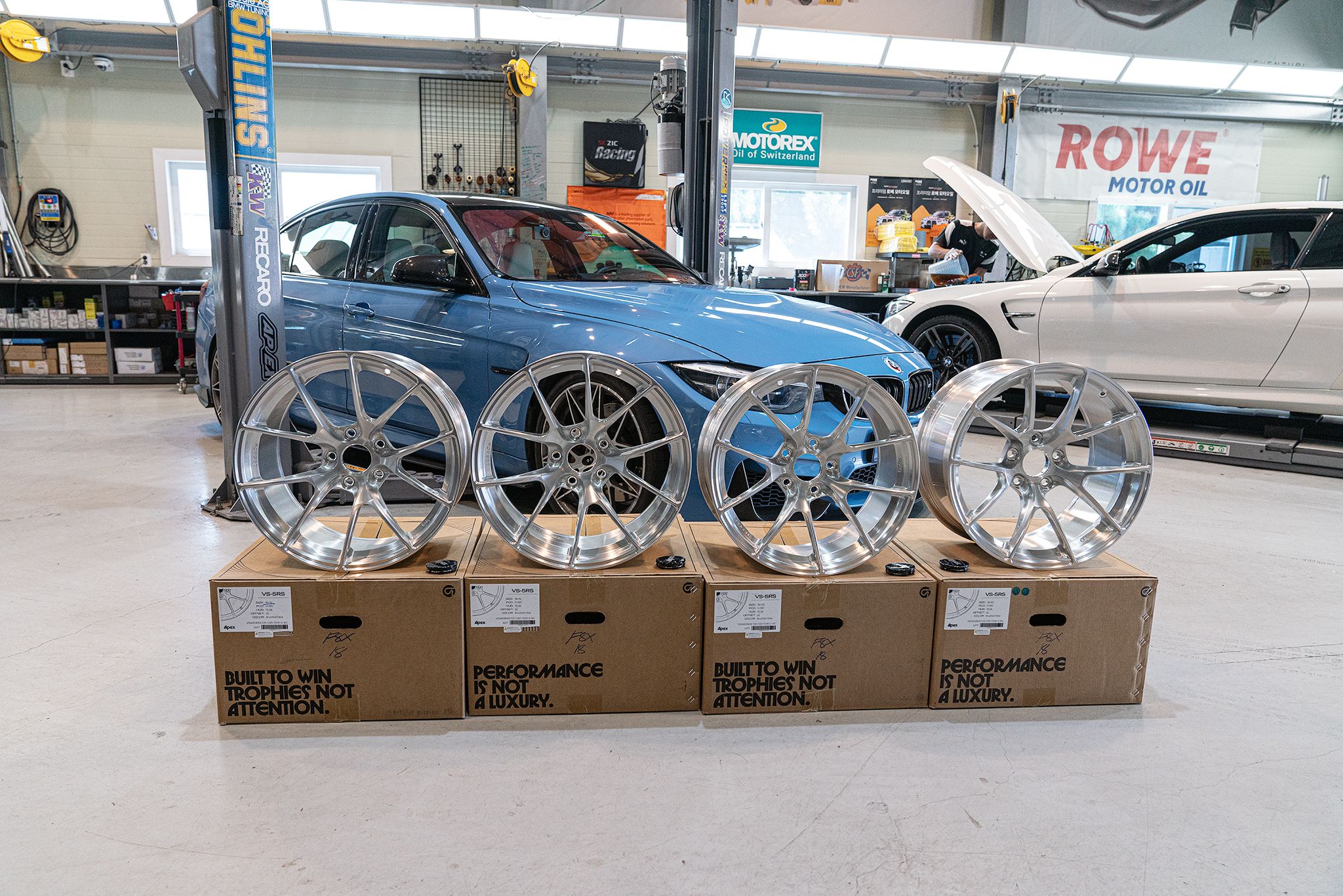 Blue BMW F80 M3 with 18" VS-5RS Apex wheels in Brushed Clear