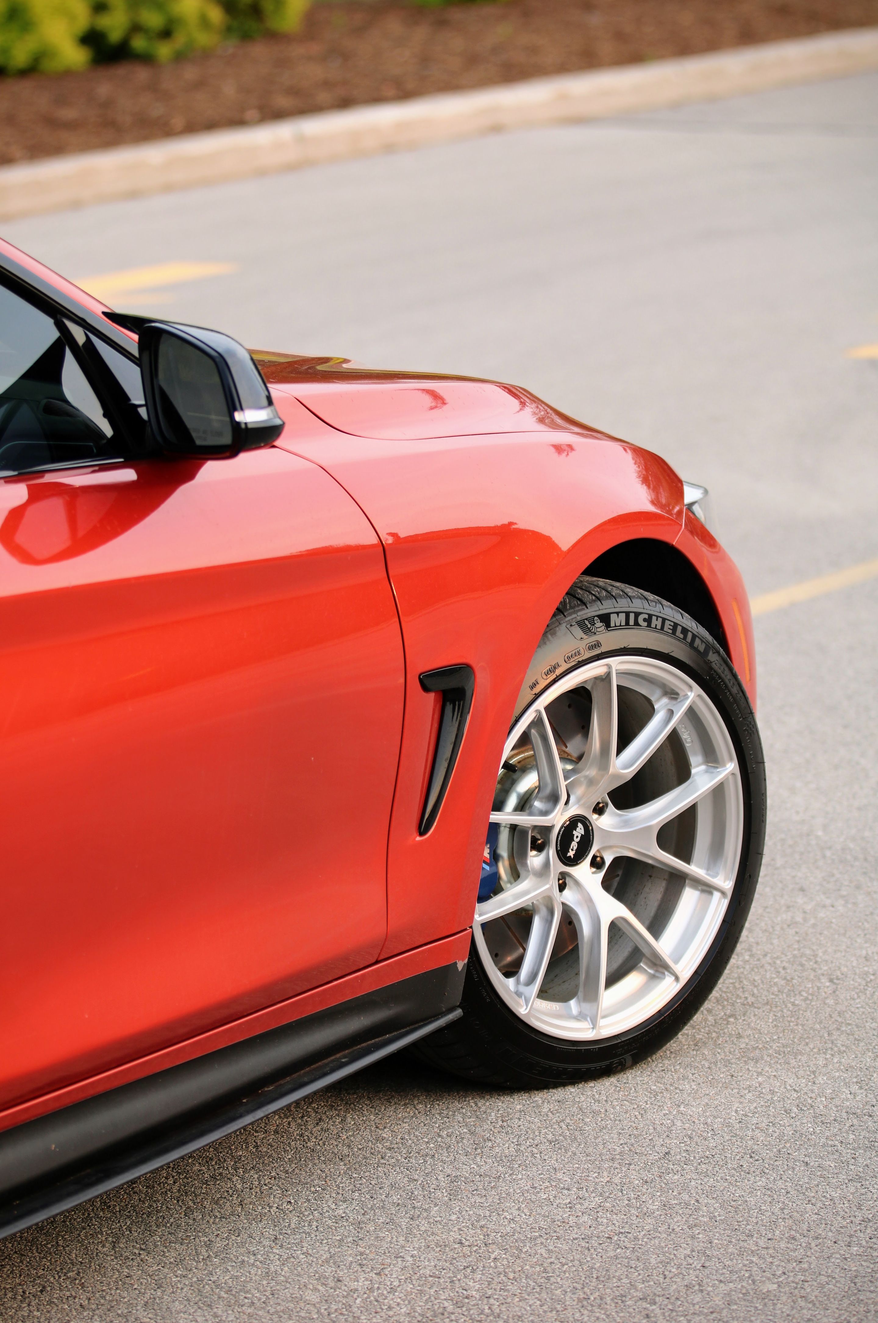 Orange BMW F32 Coupe 4 Series with 18" VS-5RS Apex wheels in Brushed Clear