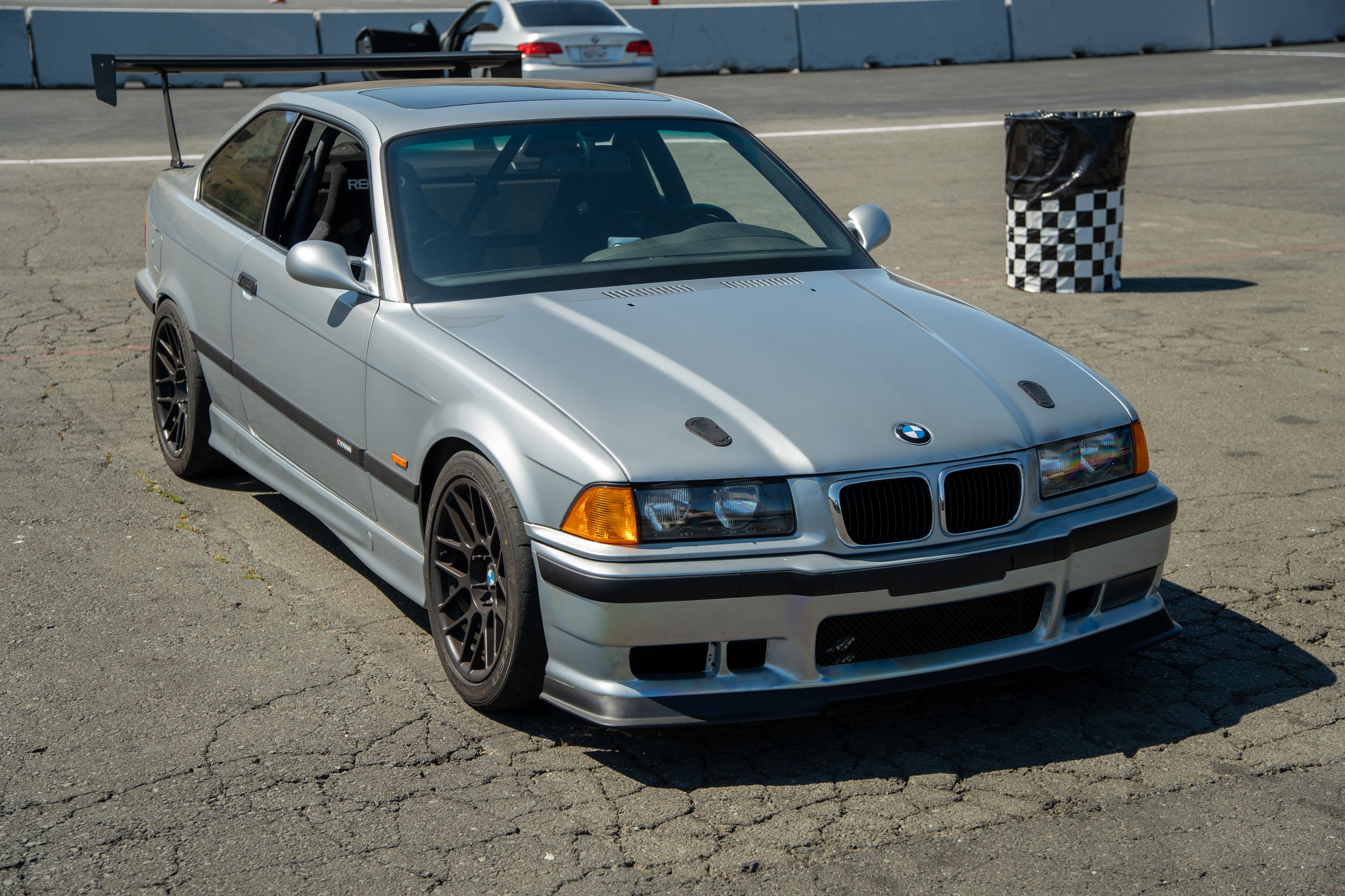 Silver BMW E36 M3 with 17" ARC-8R Apex wheels in Satin Black