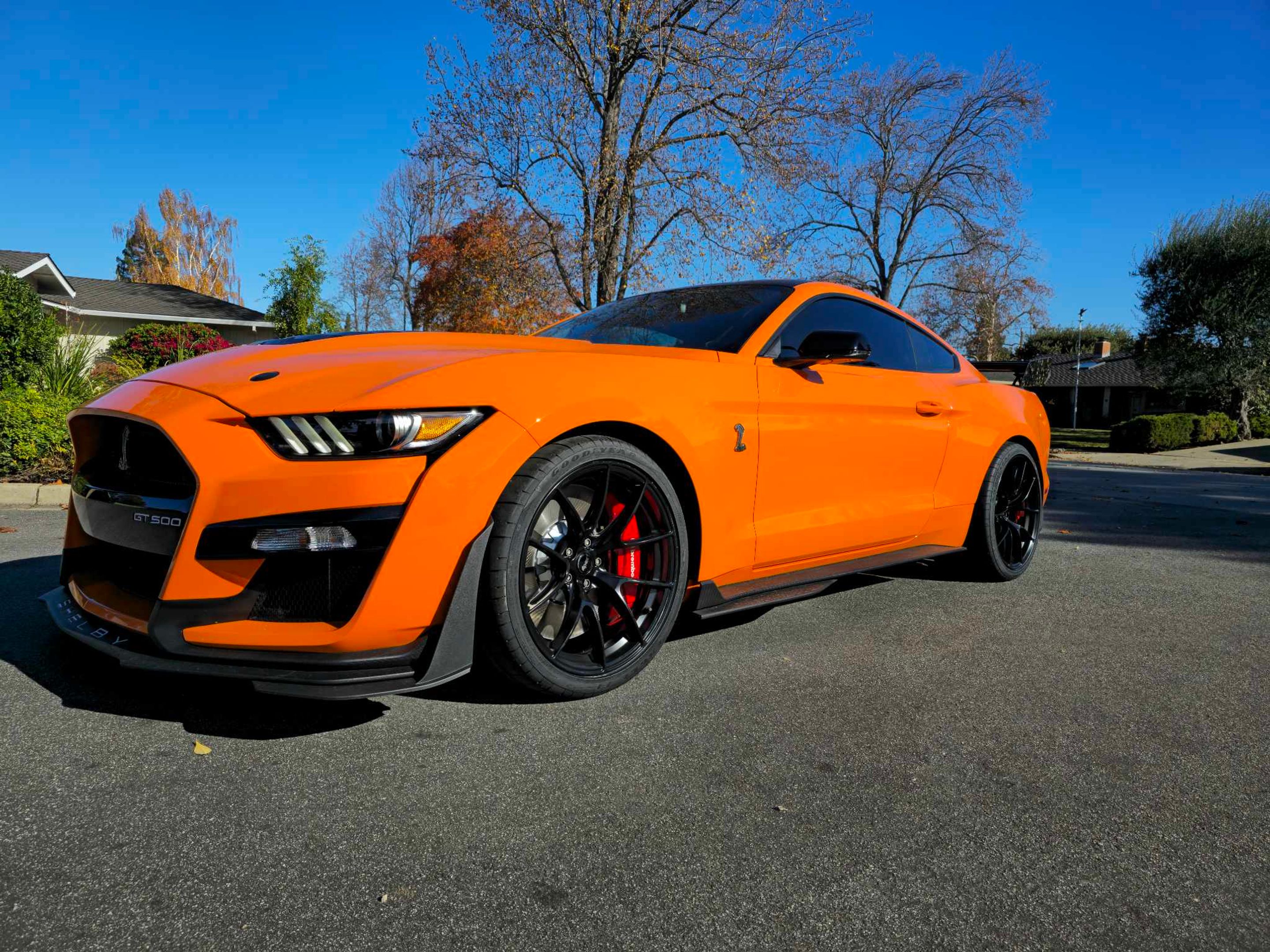 Orange Ford S550 Mustang GT500 with 20" VS-5RS Apex wheels in Satin Black