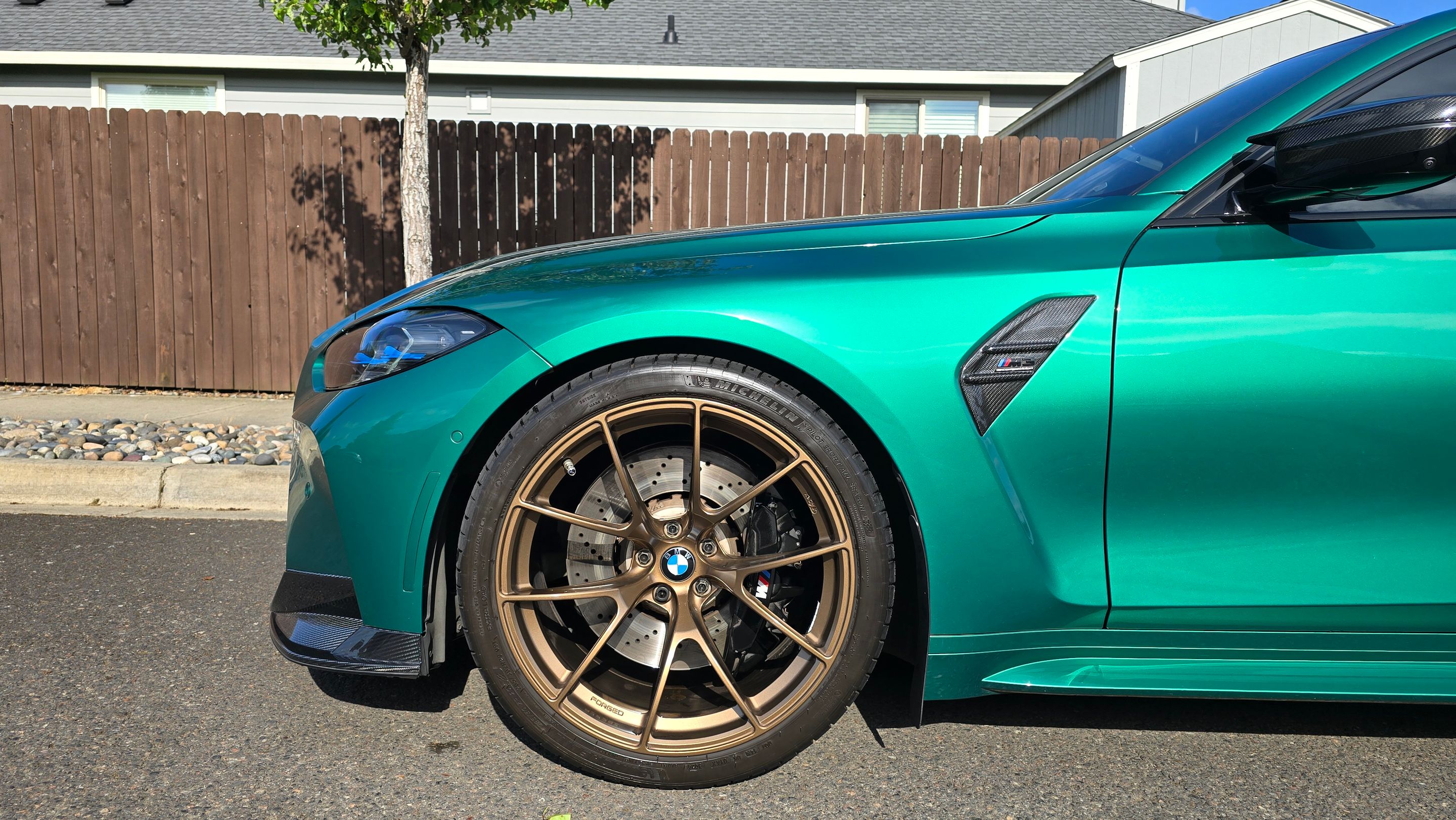 Green BMW G80 M3 with 20" VS-5RS Apex wheels in Satin Bronze
