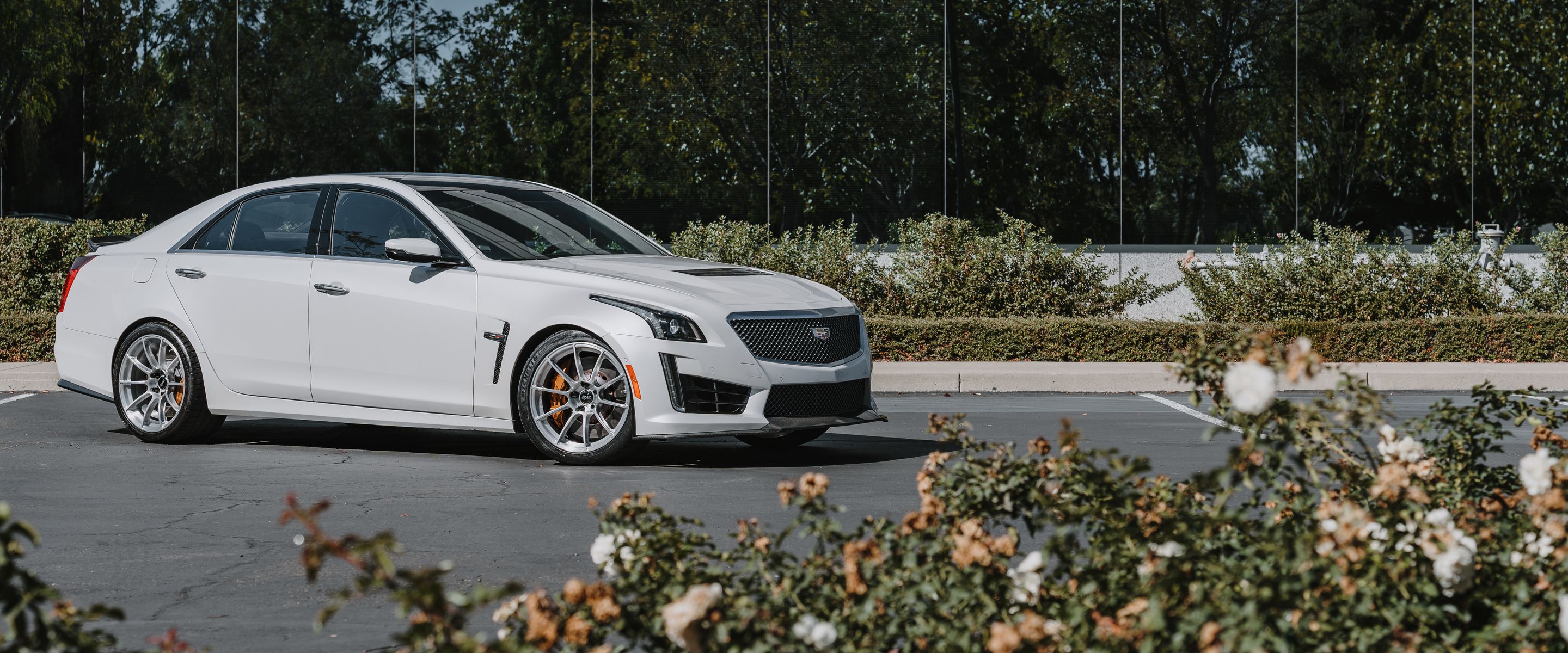White Cadillac Gen 3 CTS-V with 19" SM-10RS Apex wheels in Brushed Clear