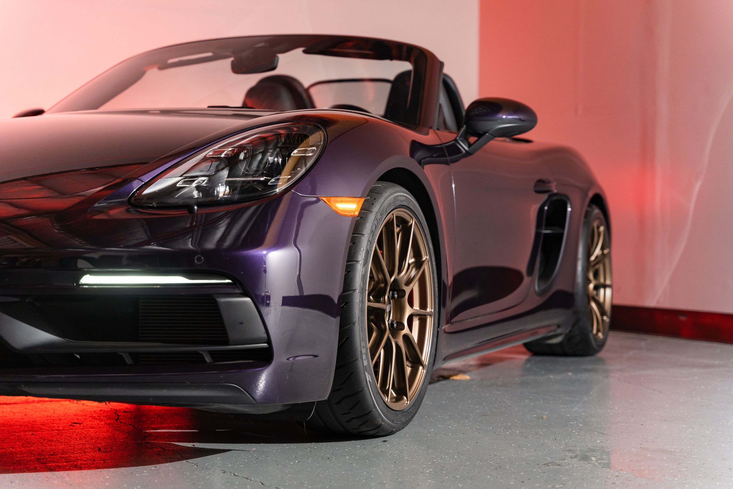 Purple Porsche 718 Boxster GTS 4.0L with 19" SM-10RS Apex wheels in Satin Bronze