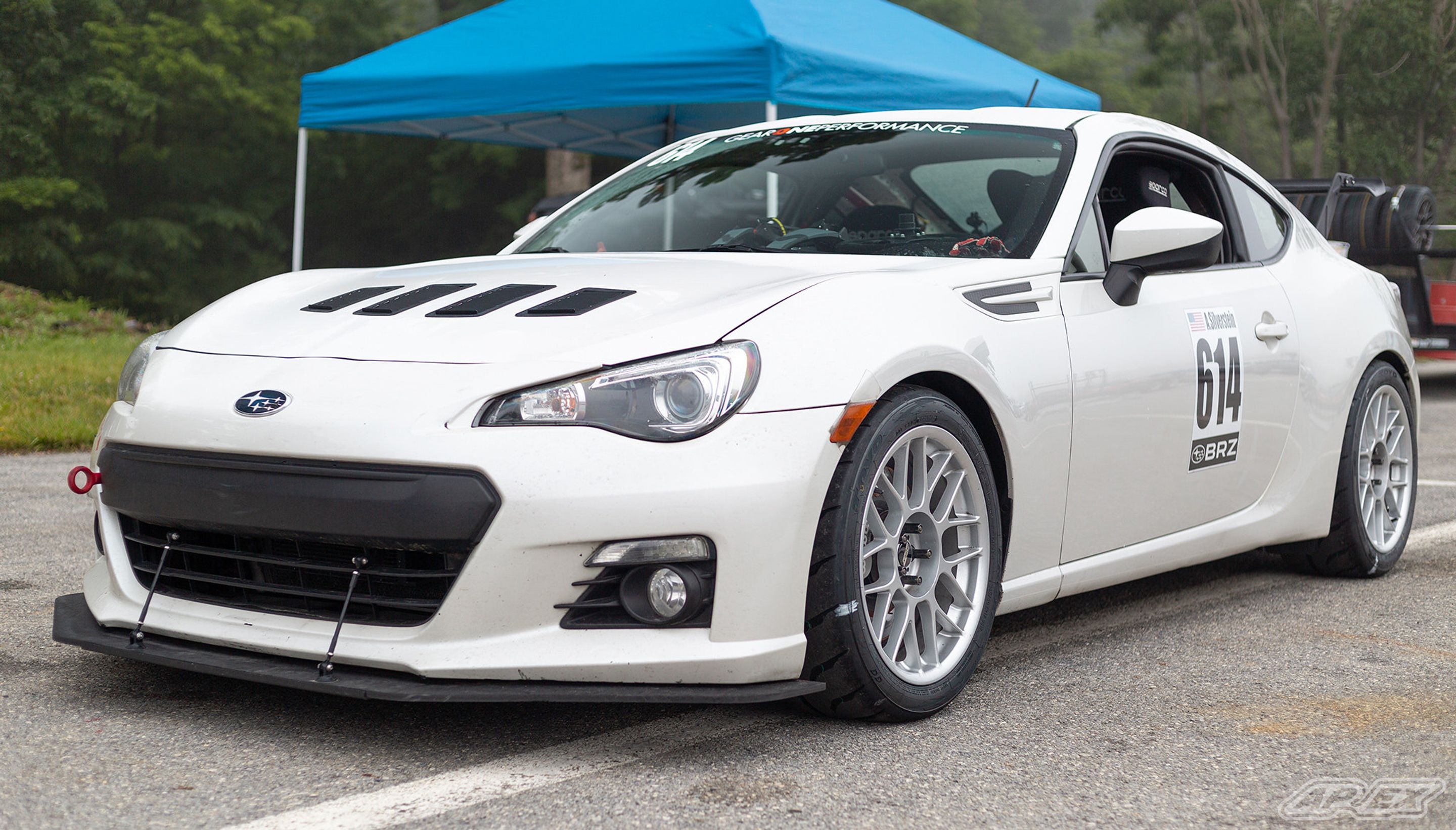 White Subaru ZC6 / Gen 1 BRZ with 17" ARC-8 Apex wheels in Race Silver