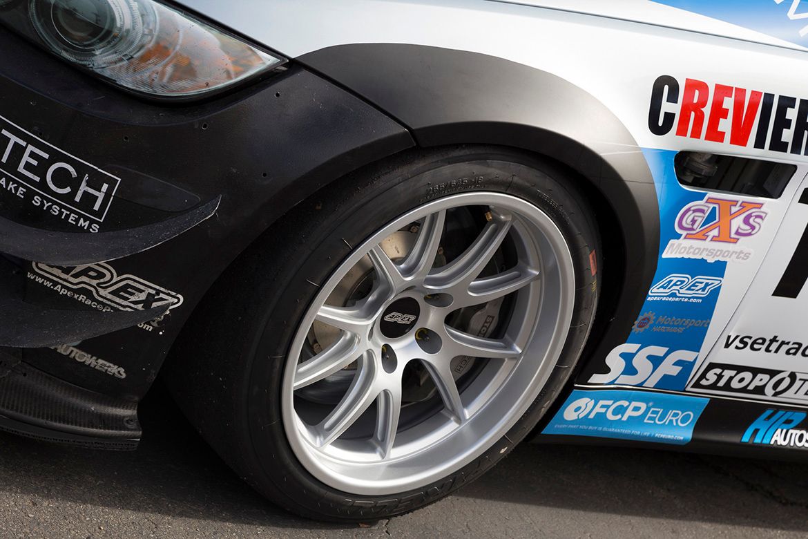 White BMW E90 Sedan M3 with 18" FL-5 Apex wheels in Race Silver