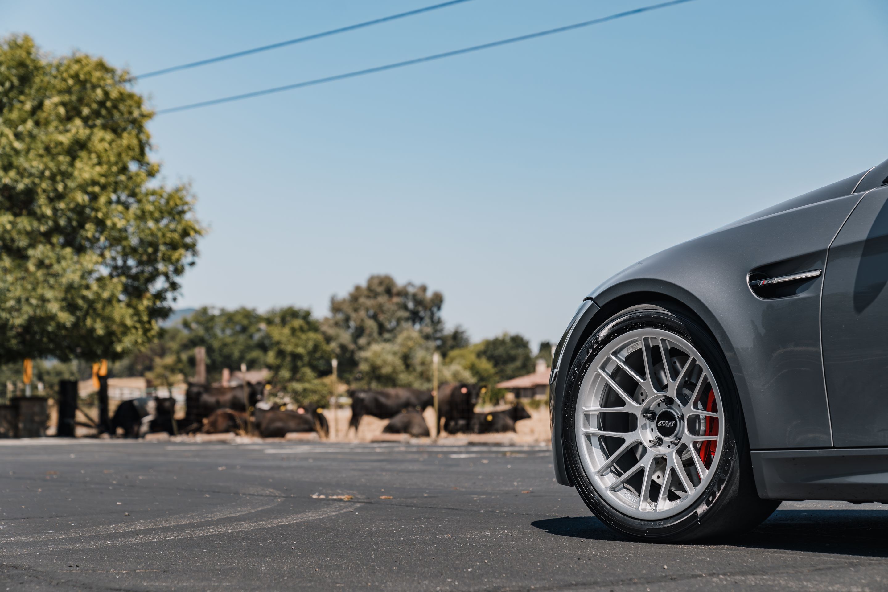 Grey BMW E92 Coupe M3 with 18" ARC-8RT Apex wheels in Race Silver