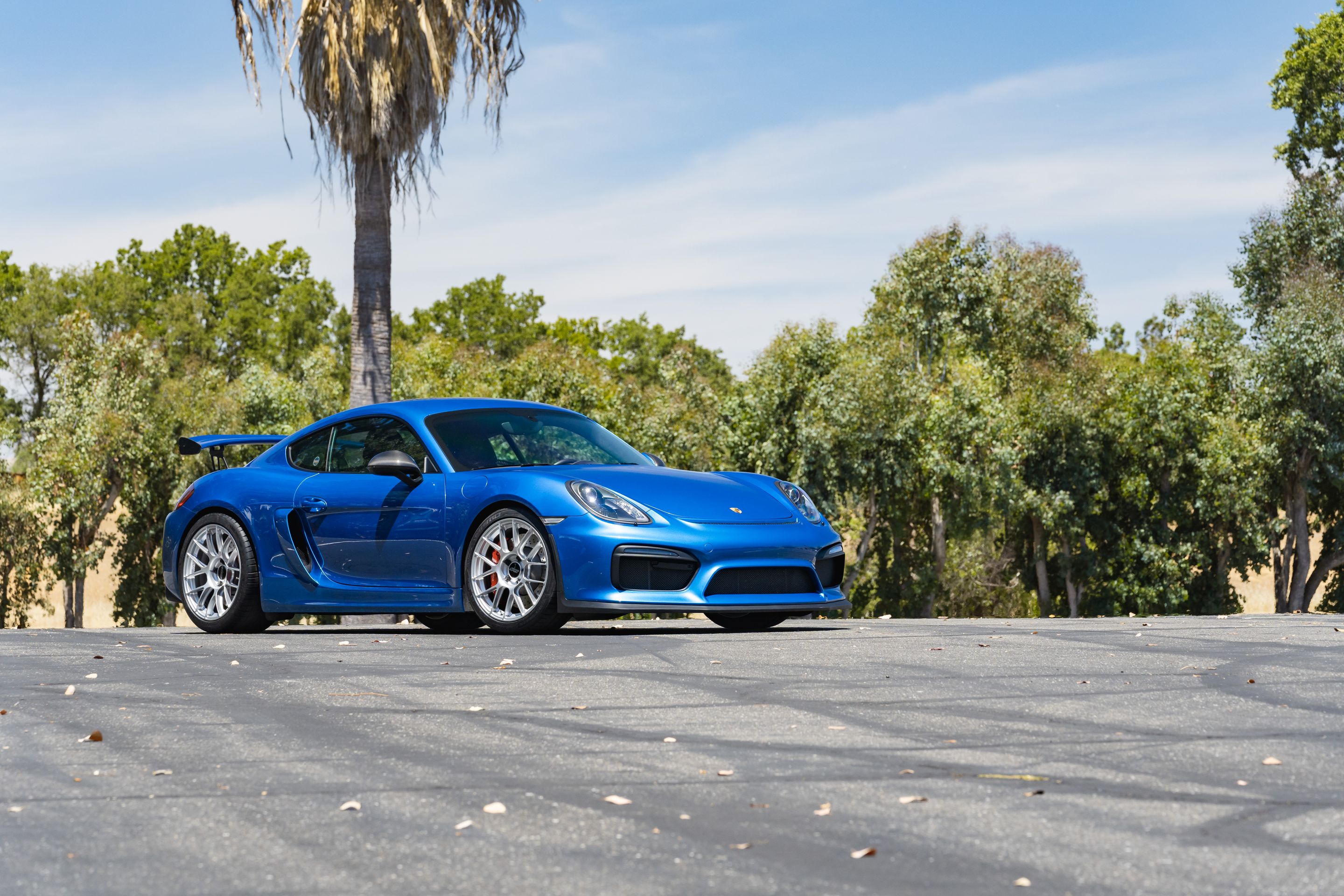 Blue Porsche 981 Cayman GT4 with 19" EC-7RS Apex wheels in Race Silver