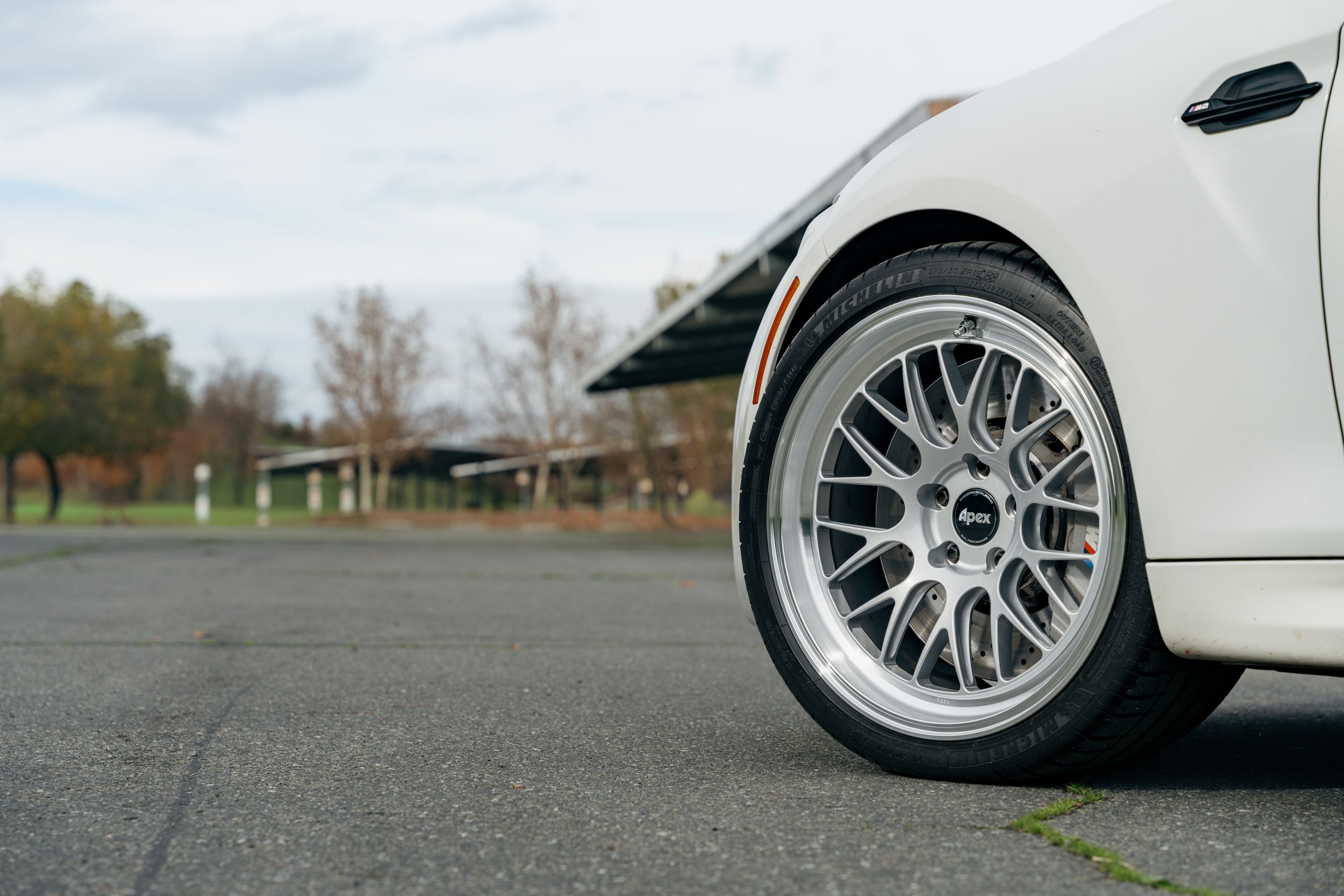 White BMW F87 M2 with 19" ML-10RT Apex wheels in Machined Lip Race Silver