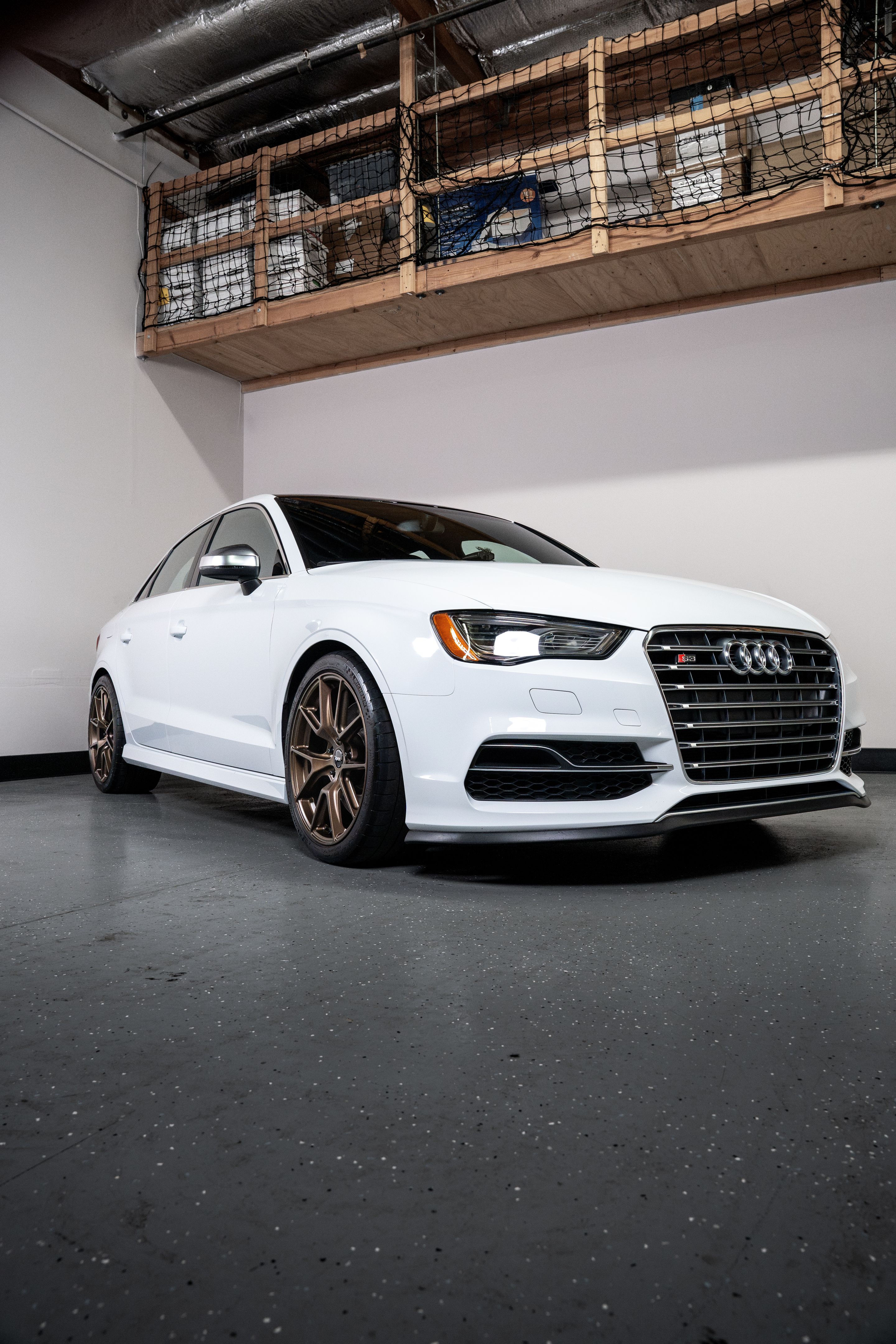 White Audi 8V S3 with 18" VS-5 Apex wheels in Satin Bronze