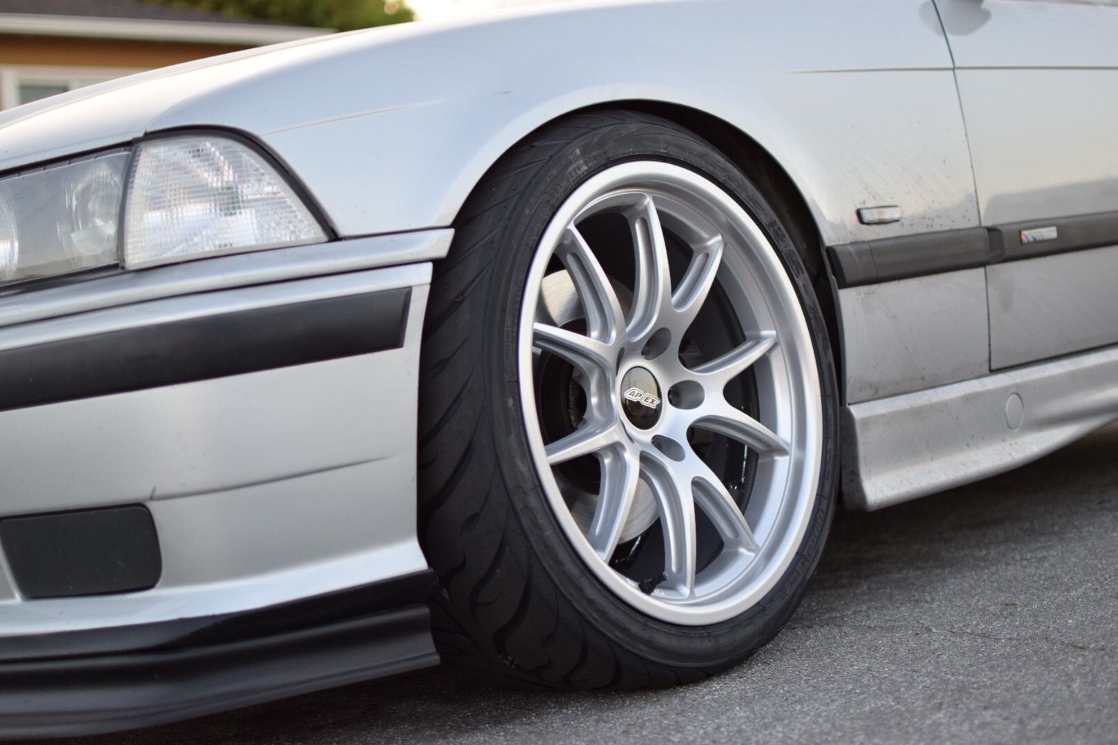 Silver BMW E36 M3 with 18" FL-5 Apex wheels in Race Silver