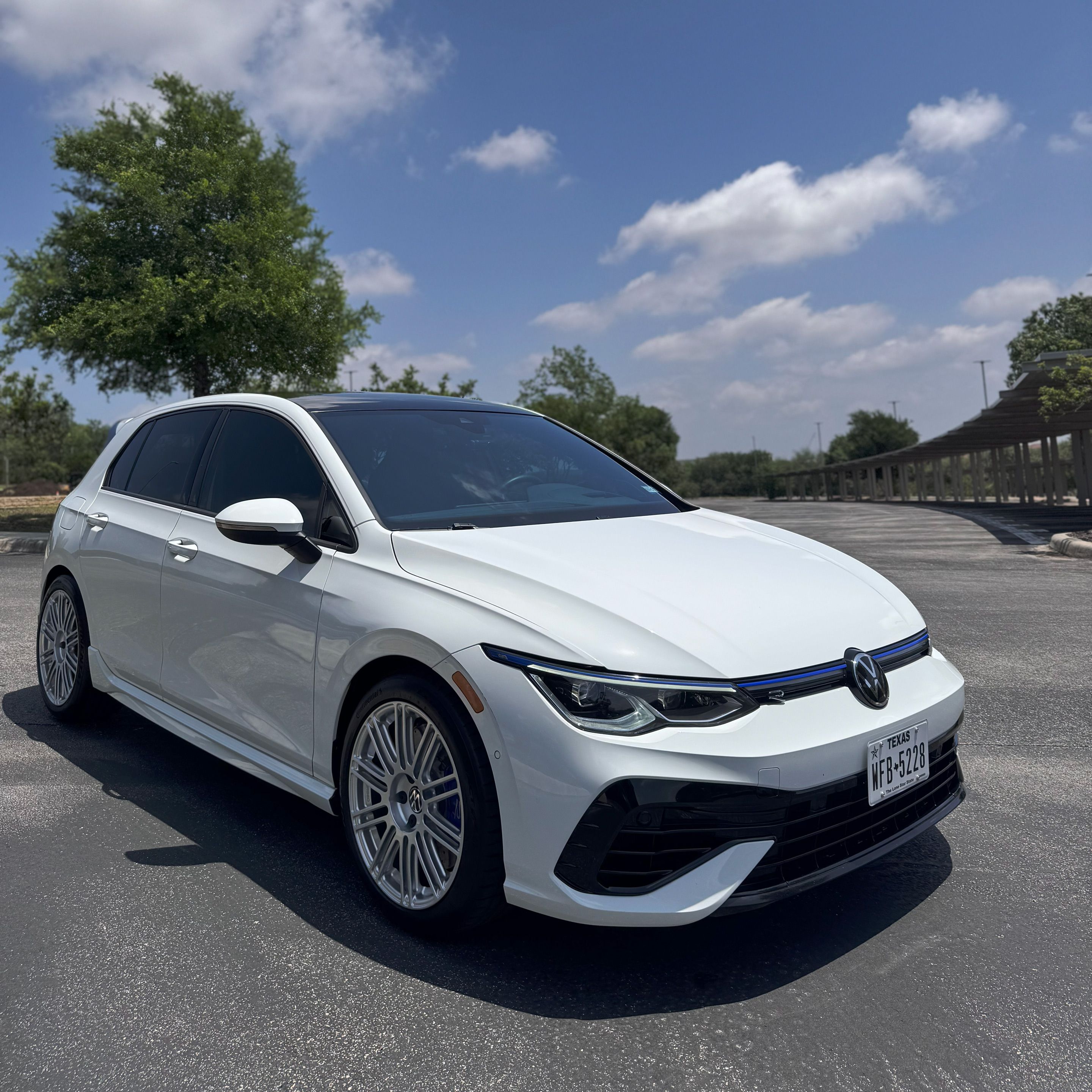 White VW MK8 Golf R with 18" TC-10RT Apex wheels in Race Silver