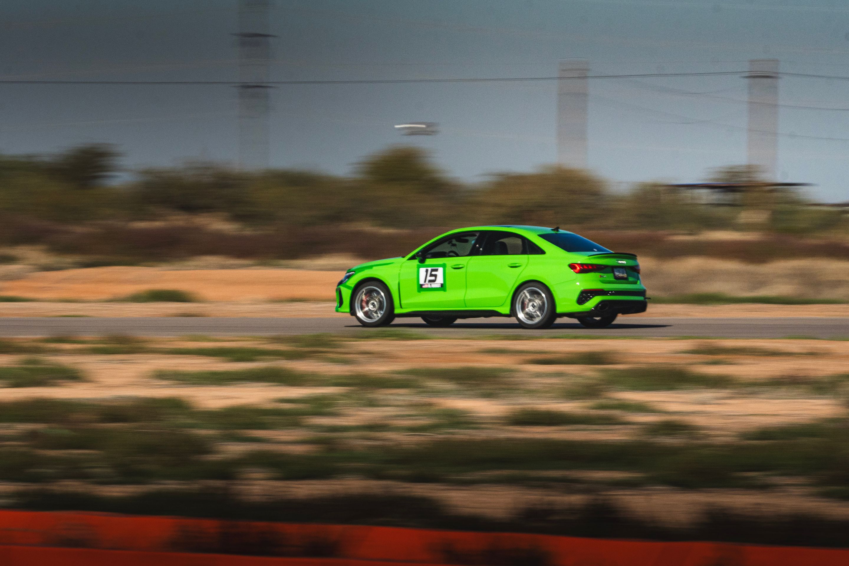 Green Audi 8Y RS 3 with 18" VS-5RS Apex wheels in Brushed Clear