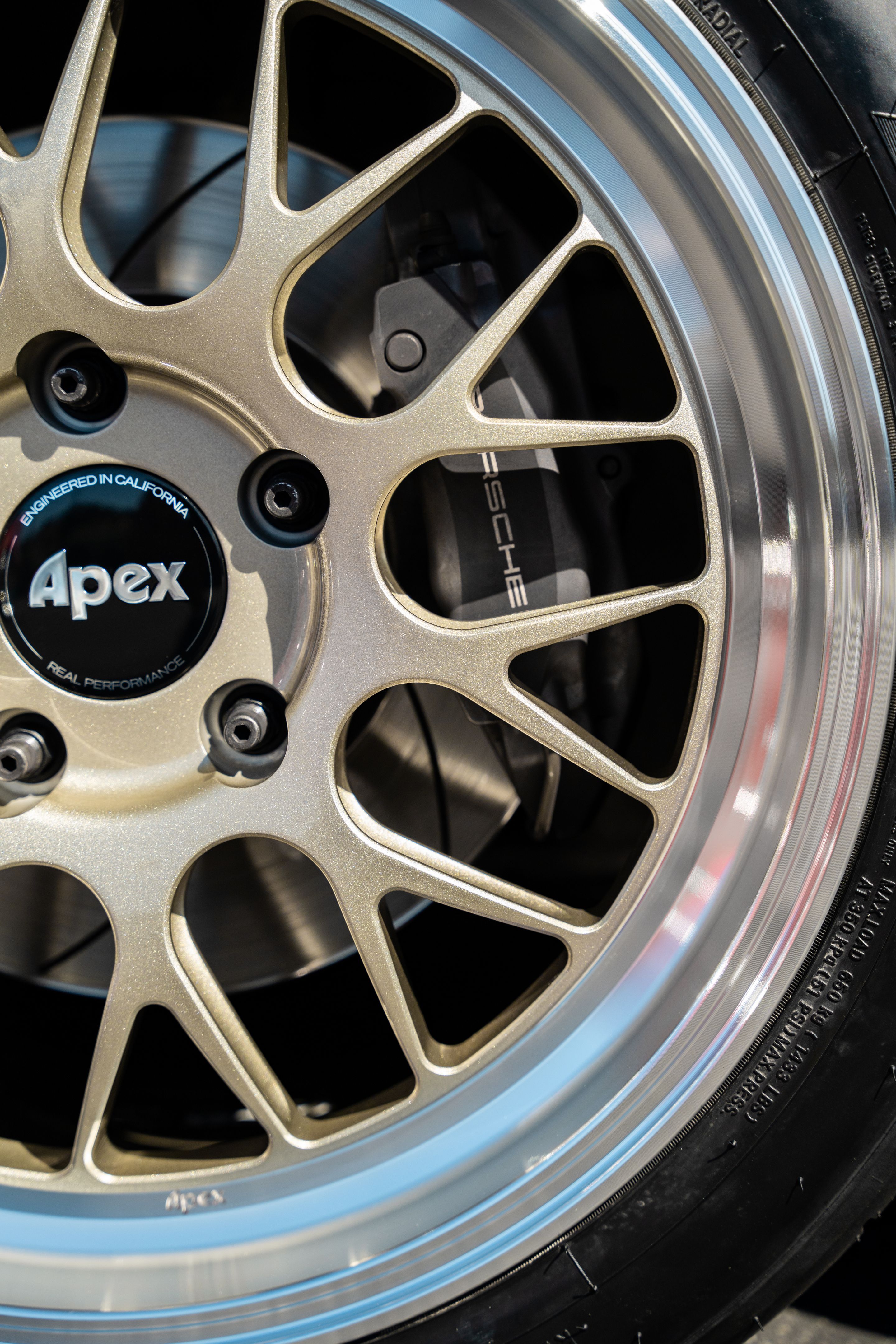 White Porsche 987 Cayman Base with 18" ML-10RT Apex wheels in Machined Lip Gloss Motorsport Gold