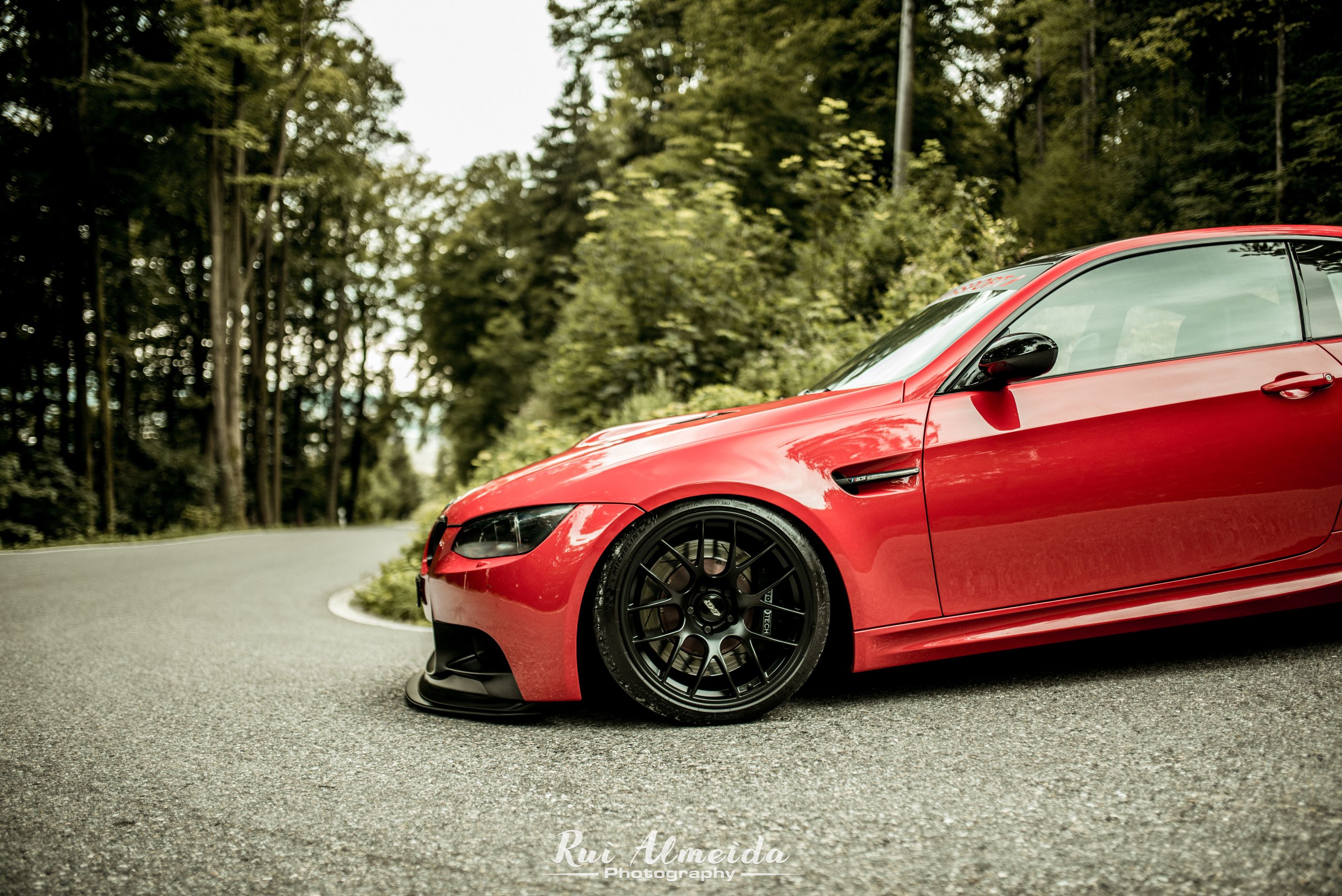 Red BMW E92 Coupe M3 with 19" EC-7 Apex wheels in Satin Black