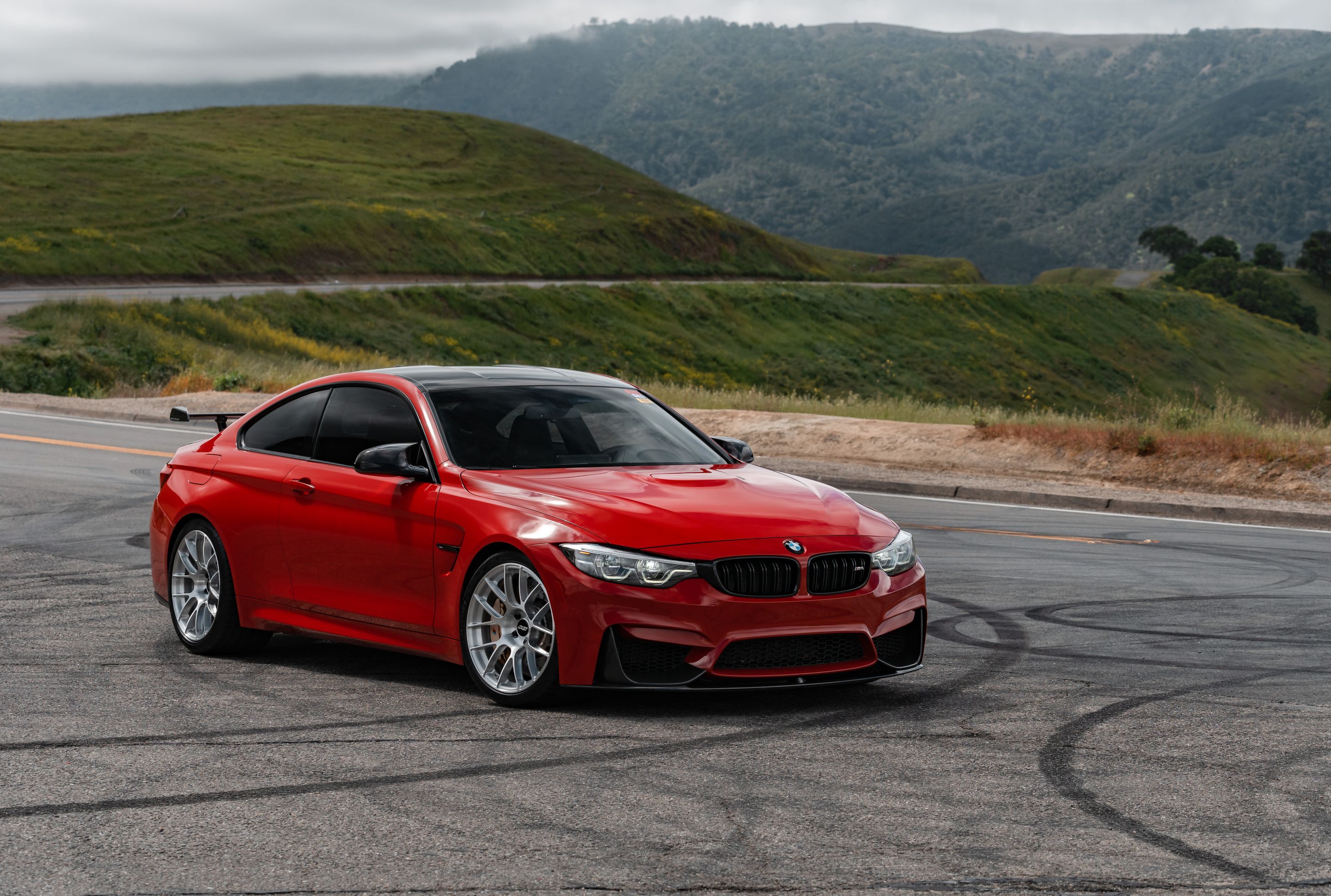 Red BMW F82 Coupe M4 with 19" EC-7RS Apex wheels in Brushed Clear