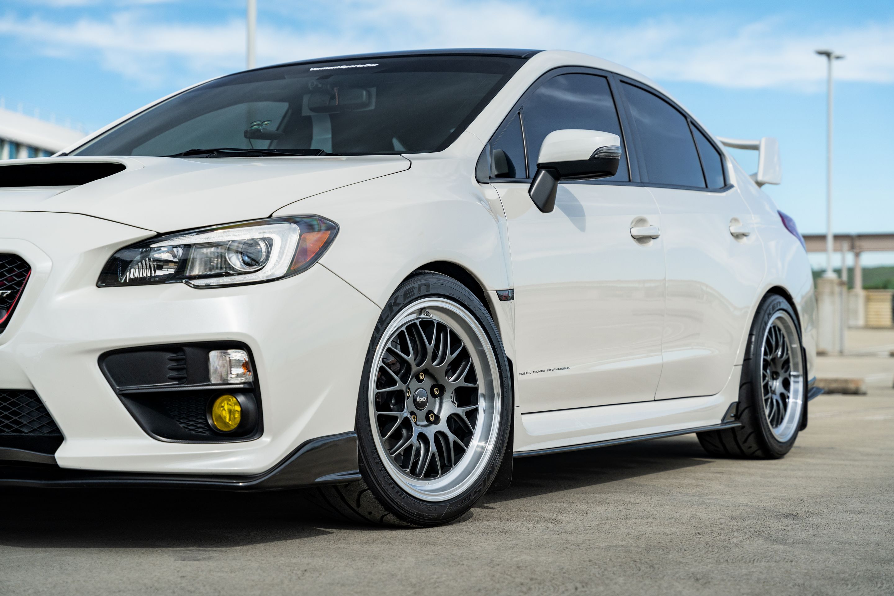 White Subaru VA WRX STI with 18" ML-10RT Apex wheels in Machined Lip Anthracite