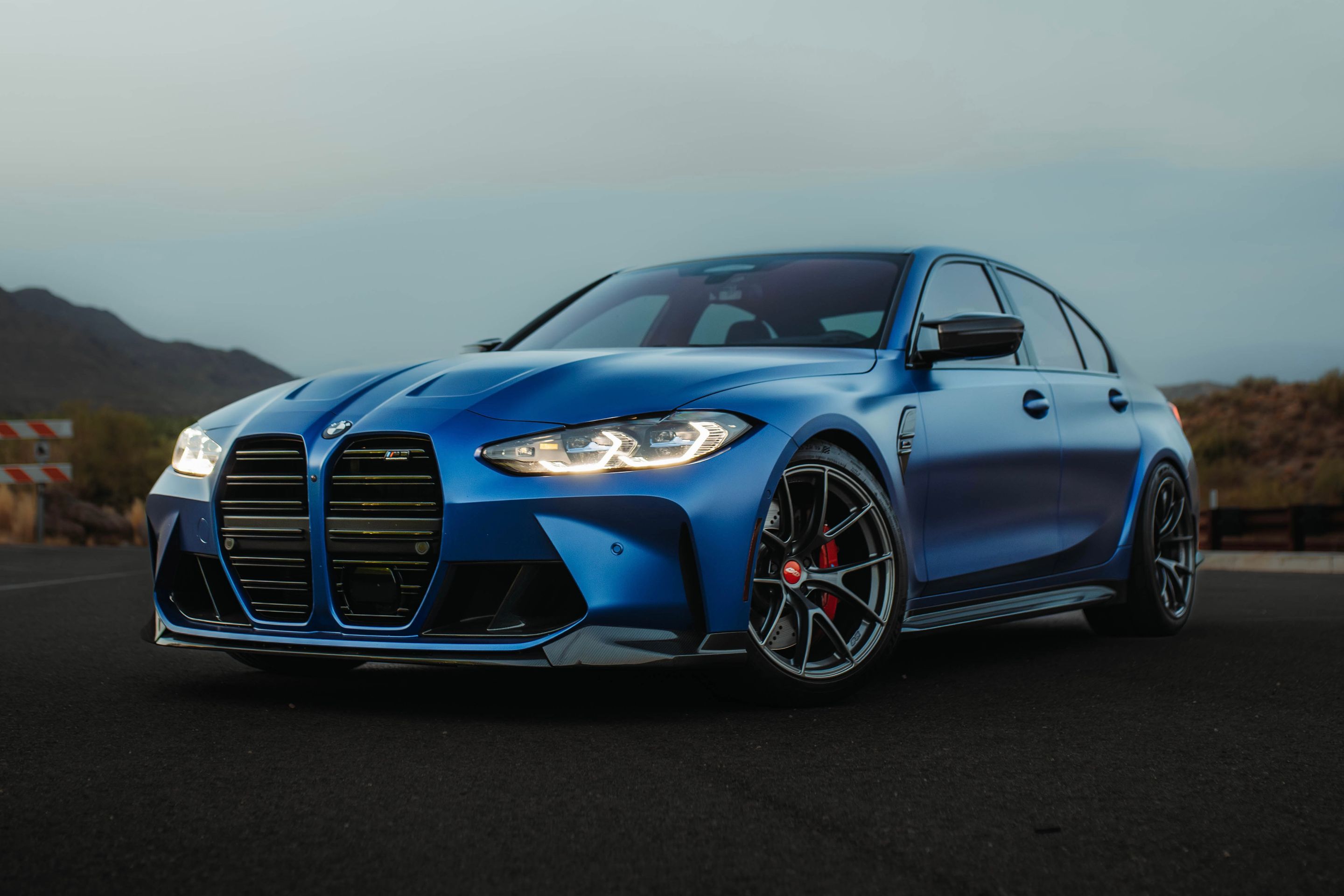 Blue BMW G80 M3 with 19" VS-5RS Apex wheels in Anthracite