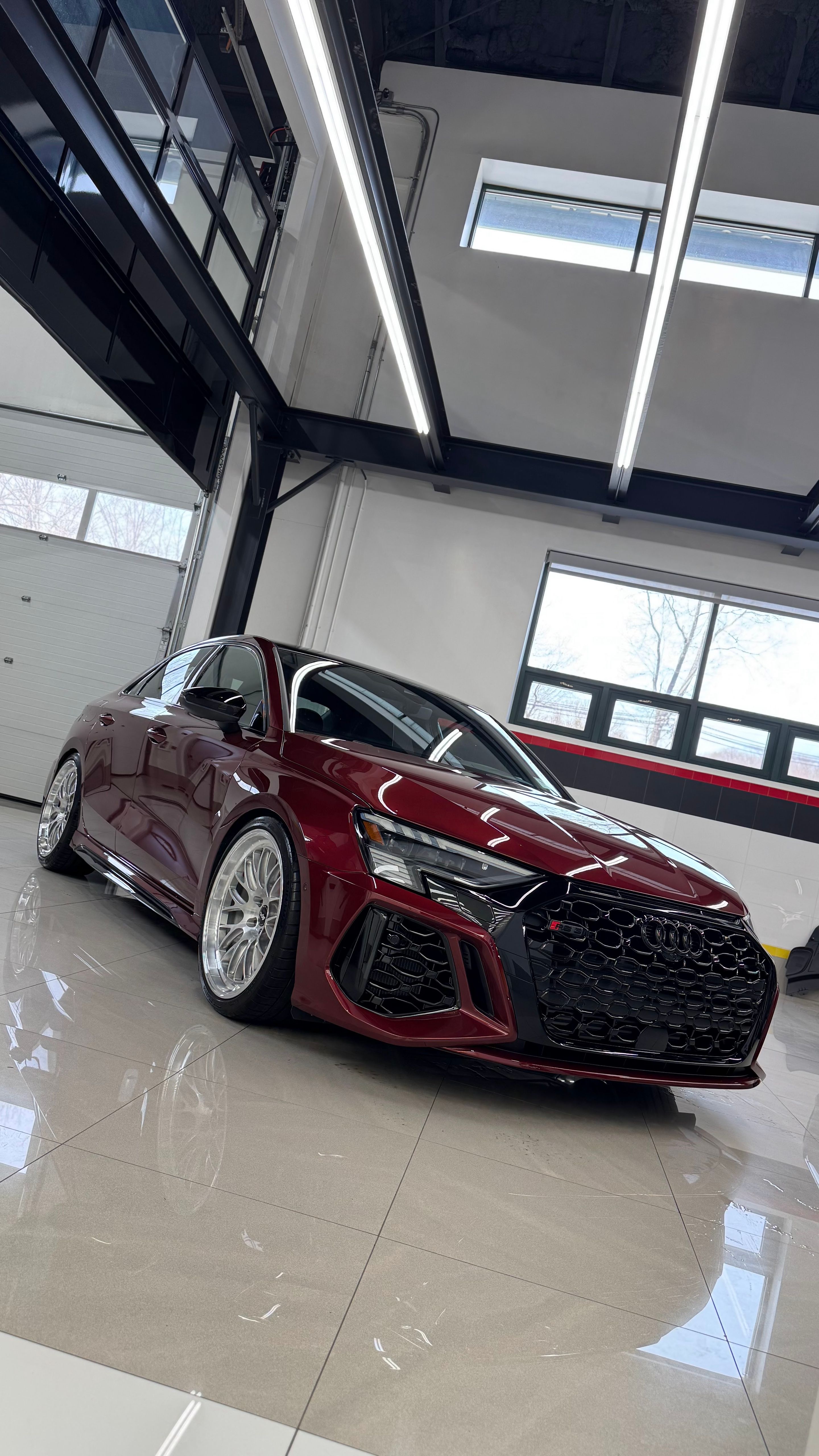 Red Audi 8Y RS 3 with 19" ML-10RT Apex wheels in Machined Lip Brushed Clear